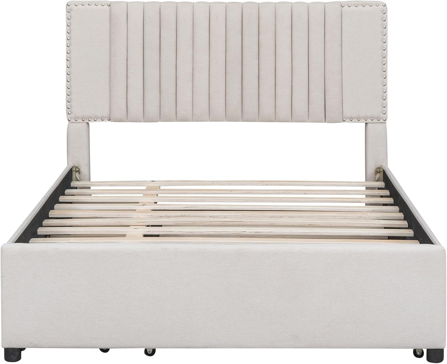 MERITLINE Wood Full Size Bed Frame with Trundle and Storage Drawers, Upholstered Platform Bed with Headboard and Slats Support for Kids Teens Adults, No Box Spring Needed, Space Saving, Beige