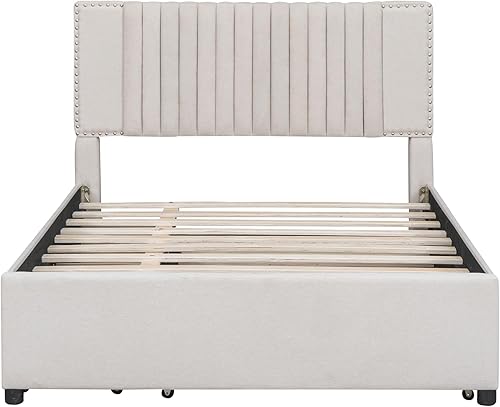 Miniatura 21 de Merax Base de cama tapizada de tamaño matrimonial con cama nido de tamaño individual, 2 cajones, cabecera con patrón de ladrillo y soporte de