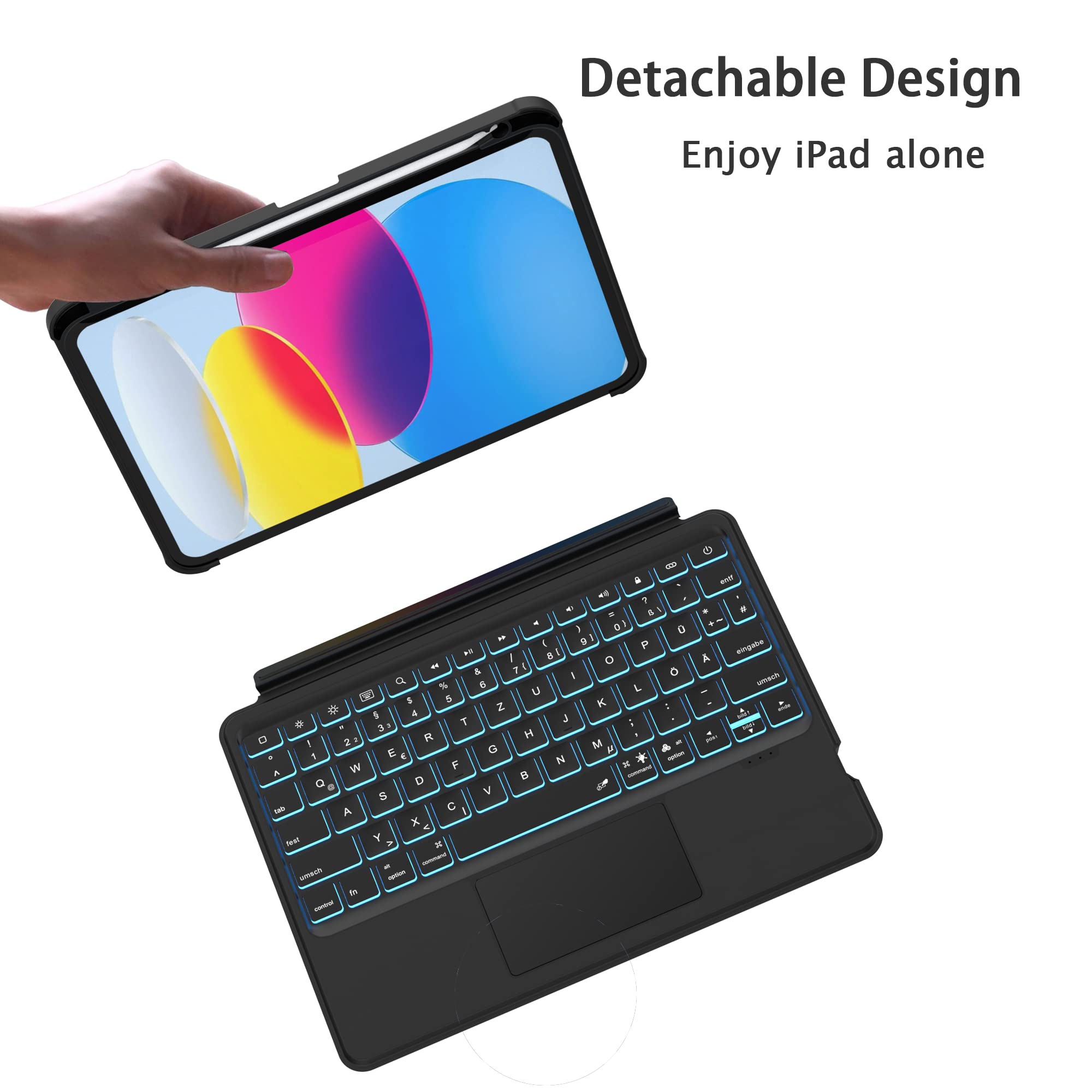 ROOFEI Hoes met toetsenbord voor 12,4 inch Samsung Galaxy Tab S7 FE/S8 /S7 : All-in-one QWERTZ-lay-out toetsenbord hoes met kickstand & 7 gekleurde achtergrondverlichting & penhouder, auto slaap ROOFEI Hoes met toetsenbord voor 12,4 inch Samsung Galaxy Tab S7 FE/S8 /S7 : All-in-one QWERTZ-lay-out toetsenbord hoes met kickstand & 7 gekleurde achtergrondverlichting & penhouder, auto slaap