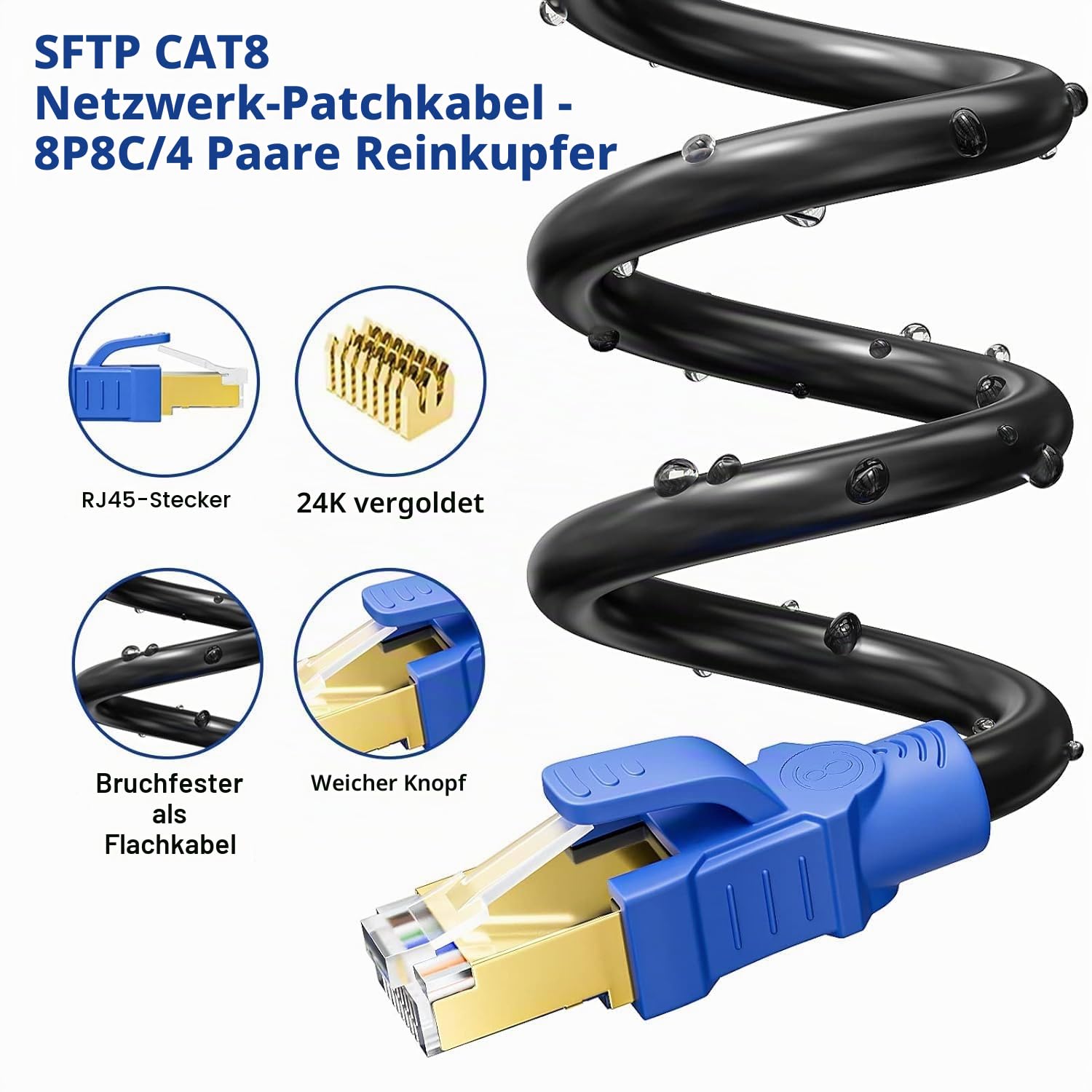 LAN Kabel 30Meter Schwarz Cat8 Internet Kabel 30m Ethernet Kabel High Speed | Cat 8 Netzwerkkabel Patchkabel SFTP Geschirmt Wlan RJ45 Gigabit für Modem Router