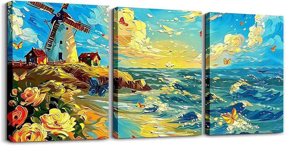 Erosebridal Quadro Decorativo Em Tela Com Tema Costeiro Oceânico, Flores Silvestres E Borboletas; Estilo Rústico Campestre Para Sala De Estar, Quarto, Banheiro E Sala De Jantar; Pôsteres Florais