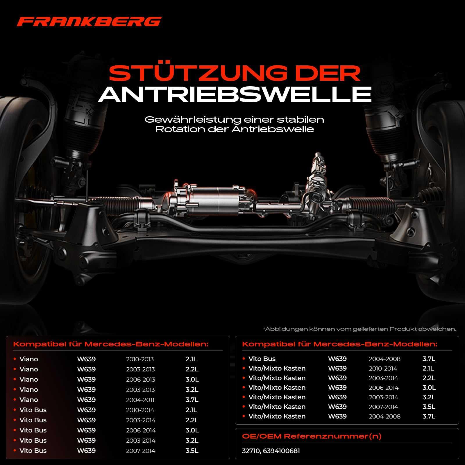 Frankberg Lagerung Gelenkwelle Kardanwellenlager Kompatibel mit Viano W639 CDi 2.0-3.0 2.1L-3.0L Vito Bus W639 109-126 2.1L-3.7L Vito/Mixto Kasten W639 109-126 2.1L-3.7L