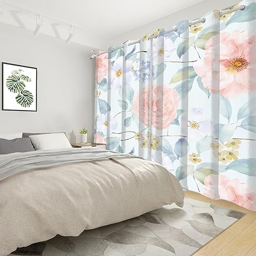 Miniatura 3 de Renaiss Cortinas opacas de peonía en acuarela de 53 pulgadas de ancho x 84 pulgadas de largo, cortinas opacas suaves de peonía rosa pastel y flor de