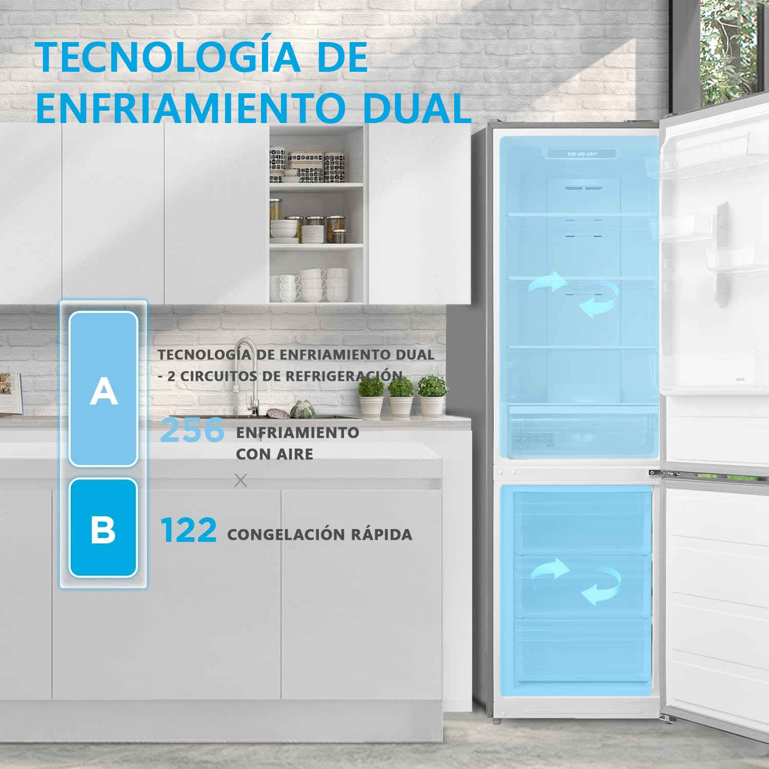 Midea Frigorífico Combi No Frost | 59,5 cm ancho x 201 alto cm | Inox | Nevera libre instalación 247 L + 83 L Congelador - Refrigerador de bajo consumo con congelador vertical
