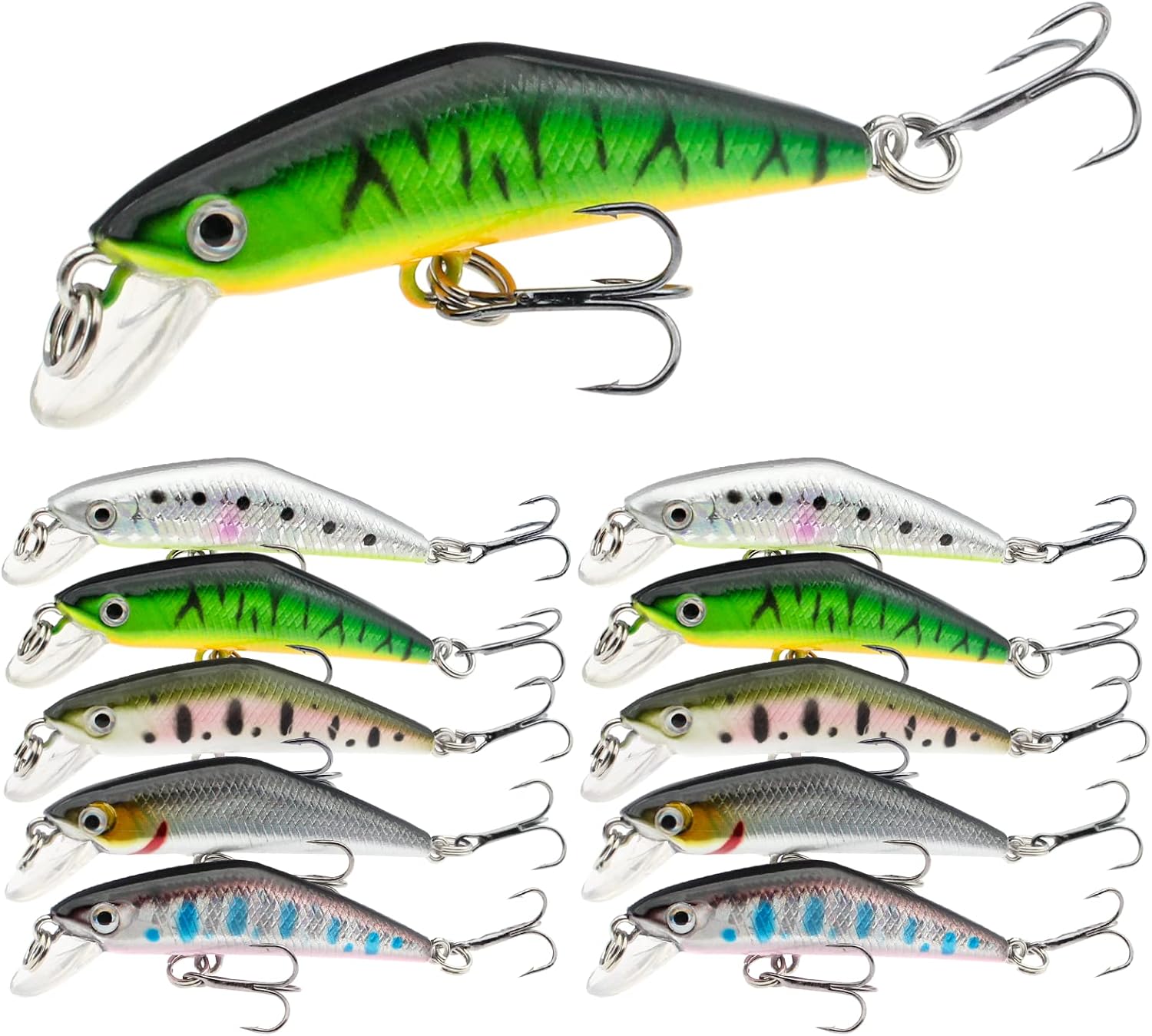 Aosethefrt Topwater Minnow Lures, 2.68 in, 10-Pack