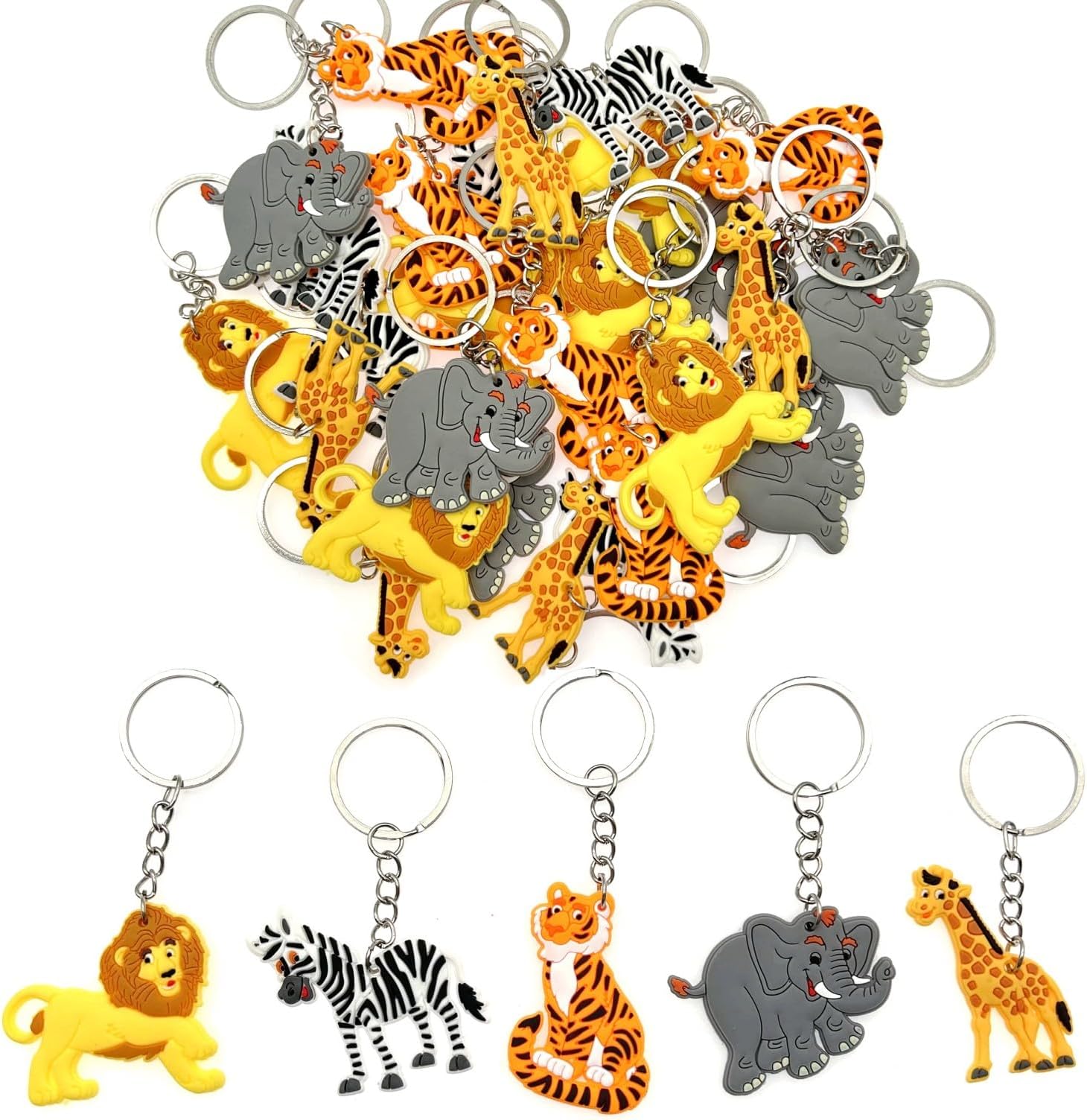 JZK 30x Jungle Animal keyring set for kids party bag fillers, wild animal keychains for children birthday party favours giveaways thankyou gift, zebra tiger lion elephant giraffe key ring