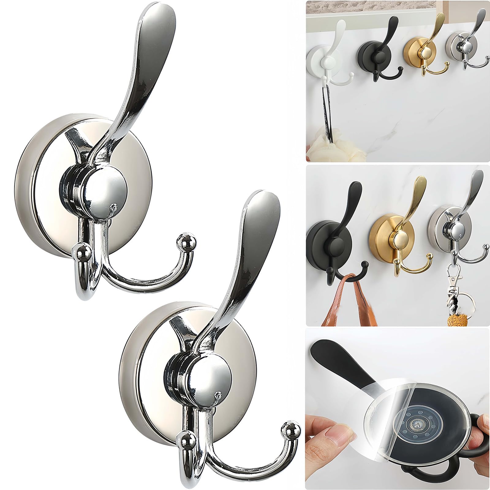 Boxonly No-Drill Suction Cup Duck Tongue Twin Hooks,2024 Upgraded Stainless Steel Waterproof Hooks for Bathroom,Shower,Kitchen,and Mirrors-Heavy Duty Towel Holders(2 Pcs