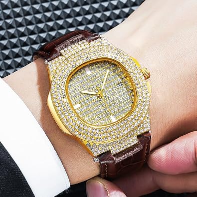 Mens Fashion Leather B Diamonds Wristwatch Luxury Business Dress Watch Bling Iced-Out Quartz Analog Watch