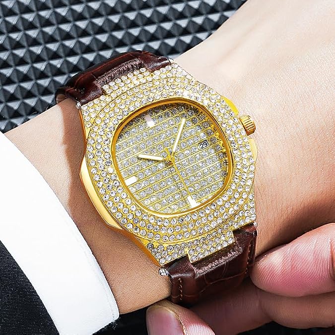 Mens Fashion Leather B Diamonds Wristwatch Luxury Business Dress Watch Bling Iced-Out Quartz Analog Watch
