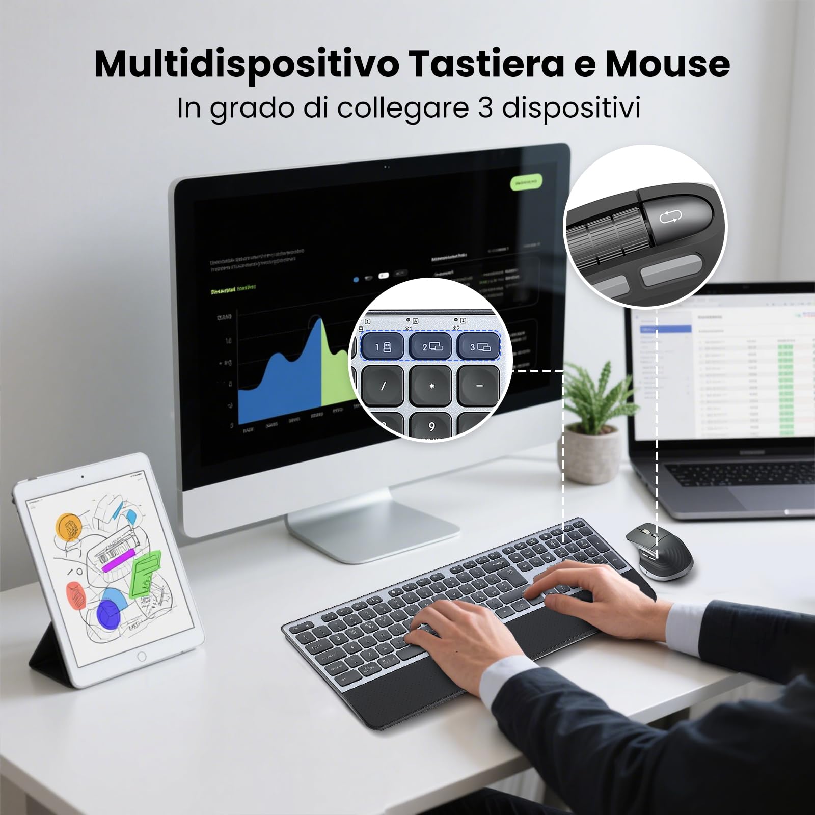 CITLLA Tastiera e Mouse Wireless Combo Tastiera Bluetooth Multidispositivo con Poggiapolsi, Tastiera Ricaricabile Retroilluminata, Mouse Silenzioso Ergonomico per Computer Desktop PC Portatile