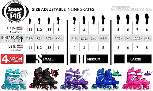 Miniatura 4 de Crazy Skates Patines en línea ajustables para niñas y niños se ajustan para adaptarse a 4 tamaños modelo 148