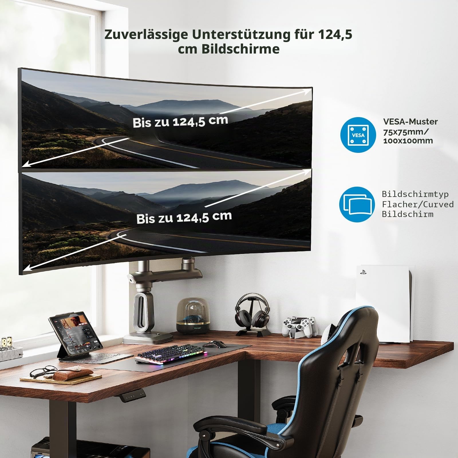 HUANUO Monitor Halterung 2 Monitore für 13-49 Zoll Ultrawide-Bildschirme, 18 kg Tragkraft, robuste Monitorhalterung für Gaming Bildschirme, vertikal stapelbar Monitorarm, VESA 75x75 100x100