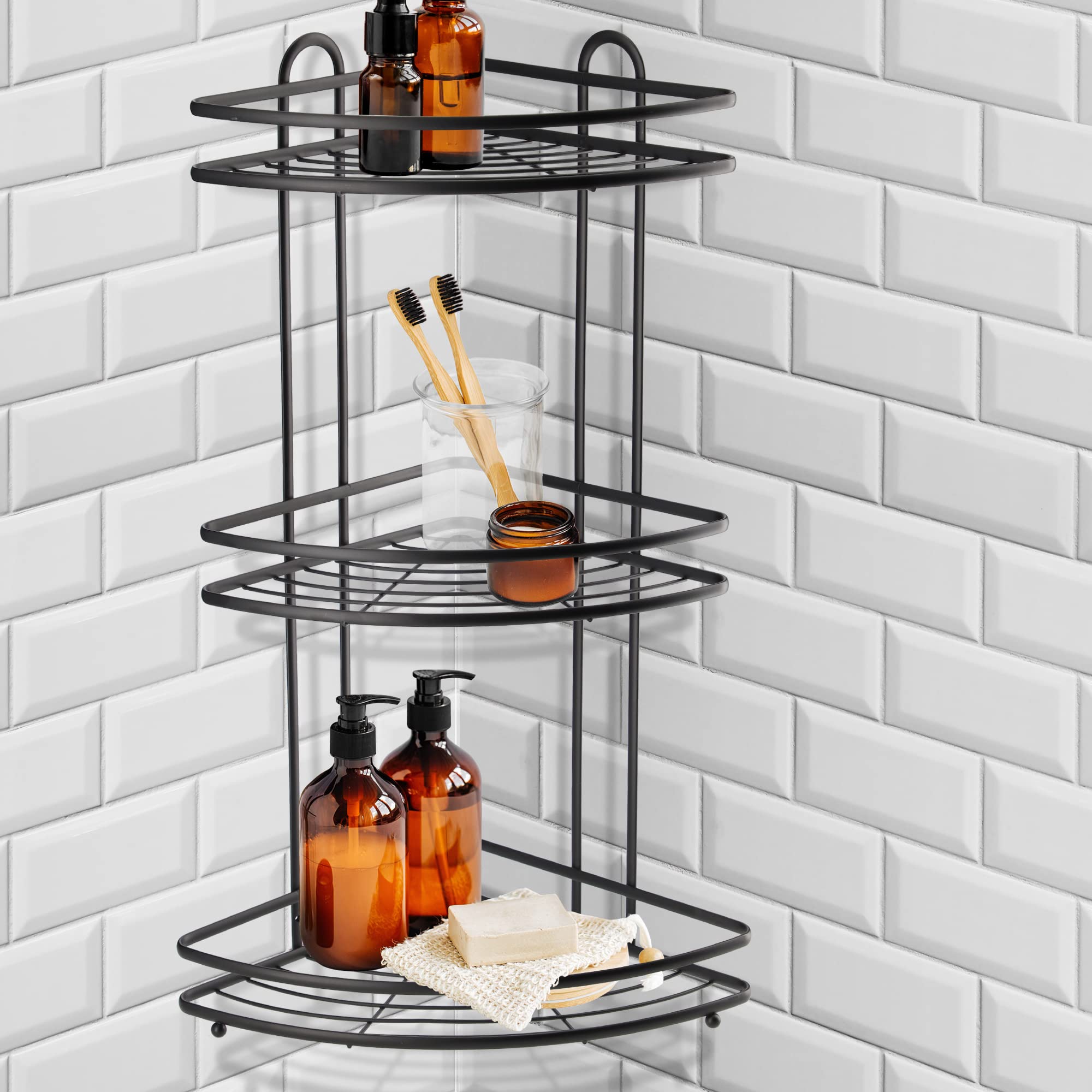 KADAX Estantería de esquina, estante de pared de acero recubierto de polvo, estante de esquina para baño, cesta de ducha, estante de ducha, soporte de pared para estantería de ducha