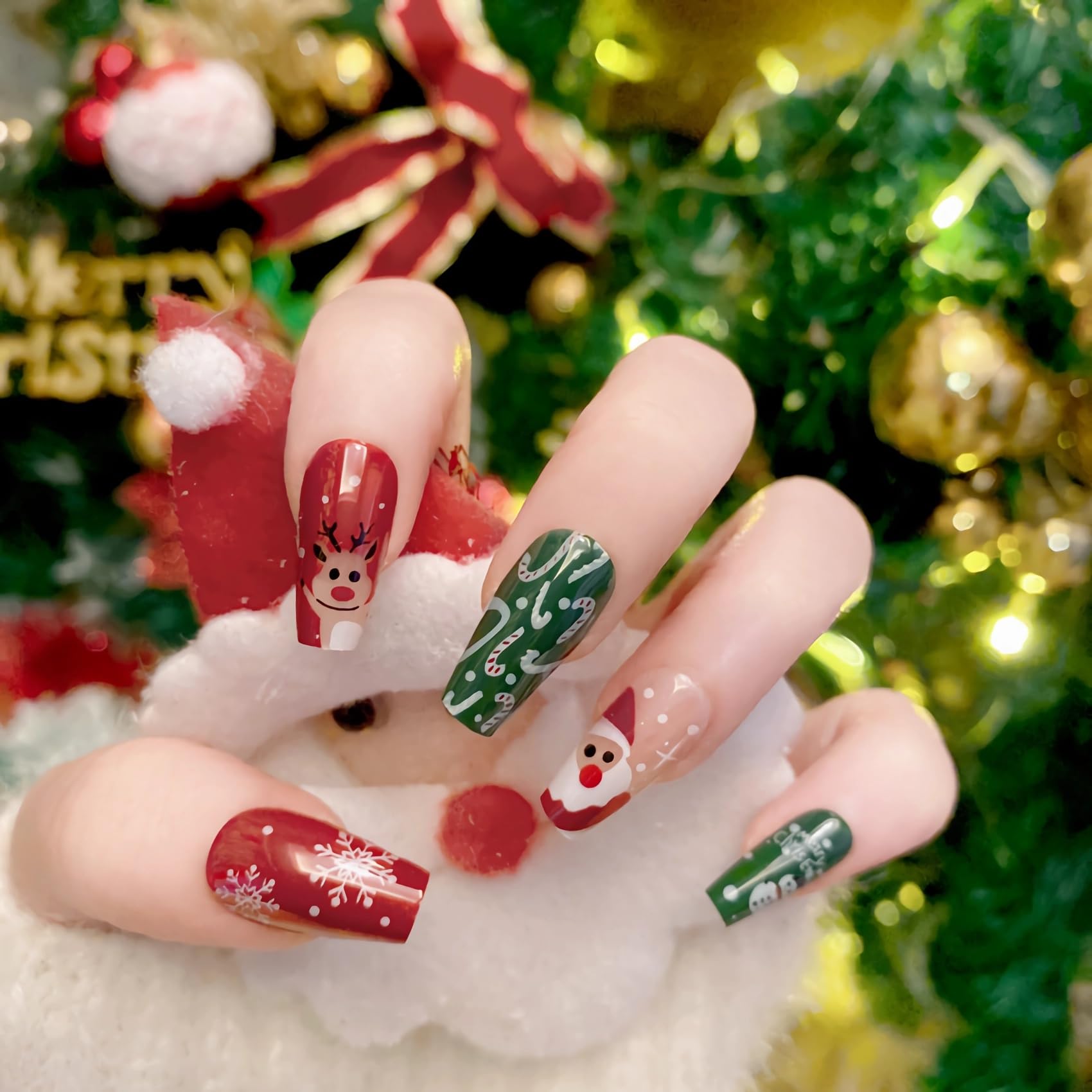 BABALAL Coffin Press on Nails Medium Fake Nails Green Red Glue on Nails Christmas Santa Snowflake Acrylic Nails 24Pcs Ballerina Cute Manicure