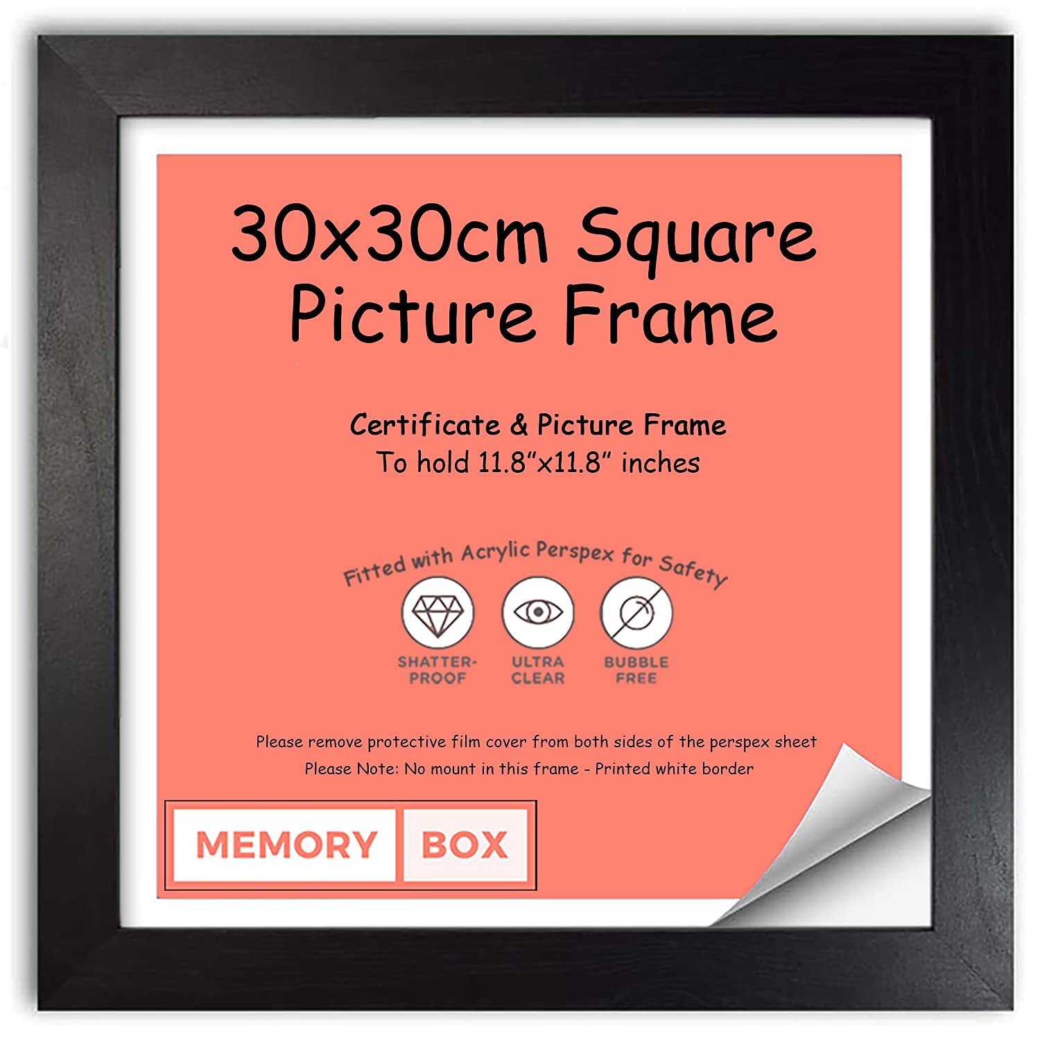 Memory Box Wrapped MDF Picture/Photo/Poster frame with Perspex Sheet - Moulding 20mm Wide and 15mm Deep - (30 x 30cm) Black 11.8" x 11.8"