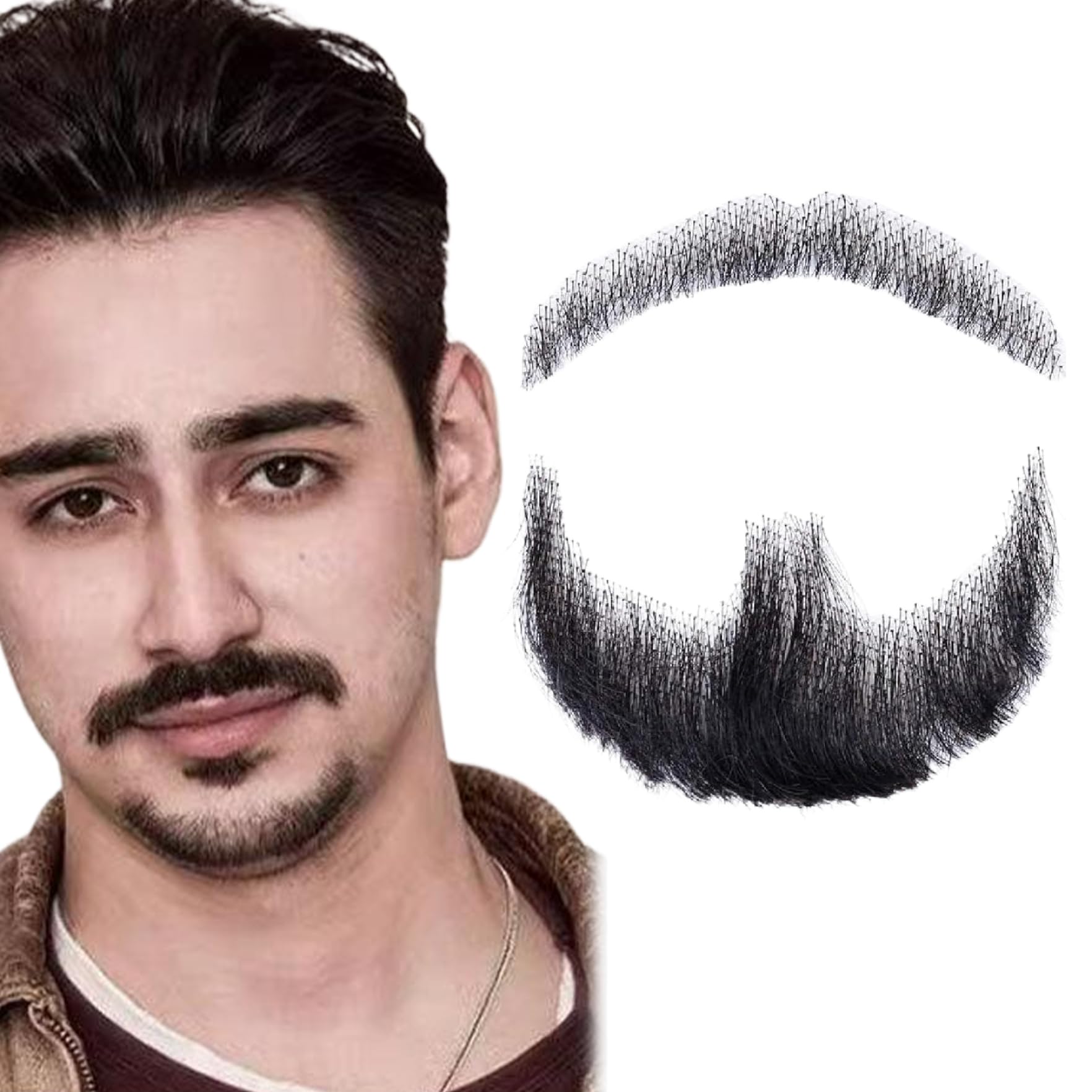 Gcroet Beard Human Hair Realistic Beard Mustache Invisible Facial Hair Costume Lace for Men Dressing Halloween Cosplay Costume Party Black.