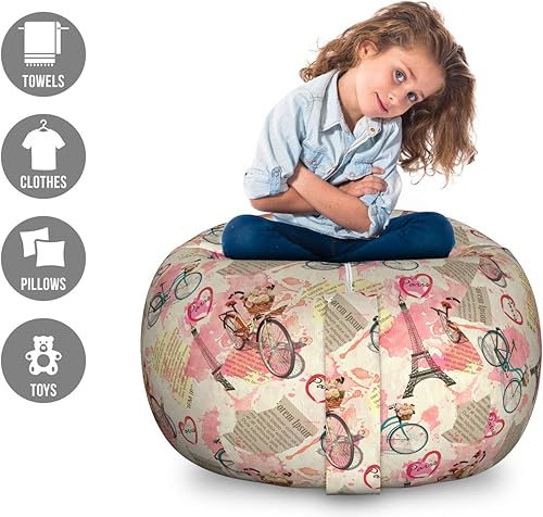 Miniatura 122 de Ambesonne Bolsa de juguetes de almacenamiento para perros, patrón con cachorros de raza pura, Bichon Pug Spitz Dachshund Poodle Shih Tzu, Rosa y