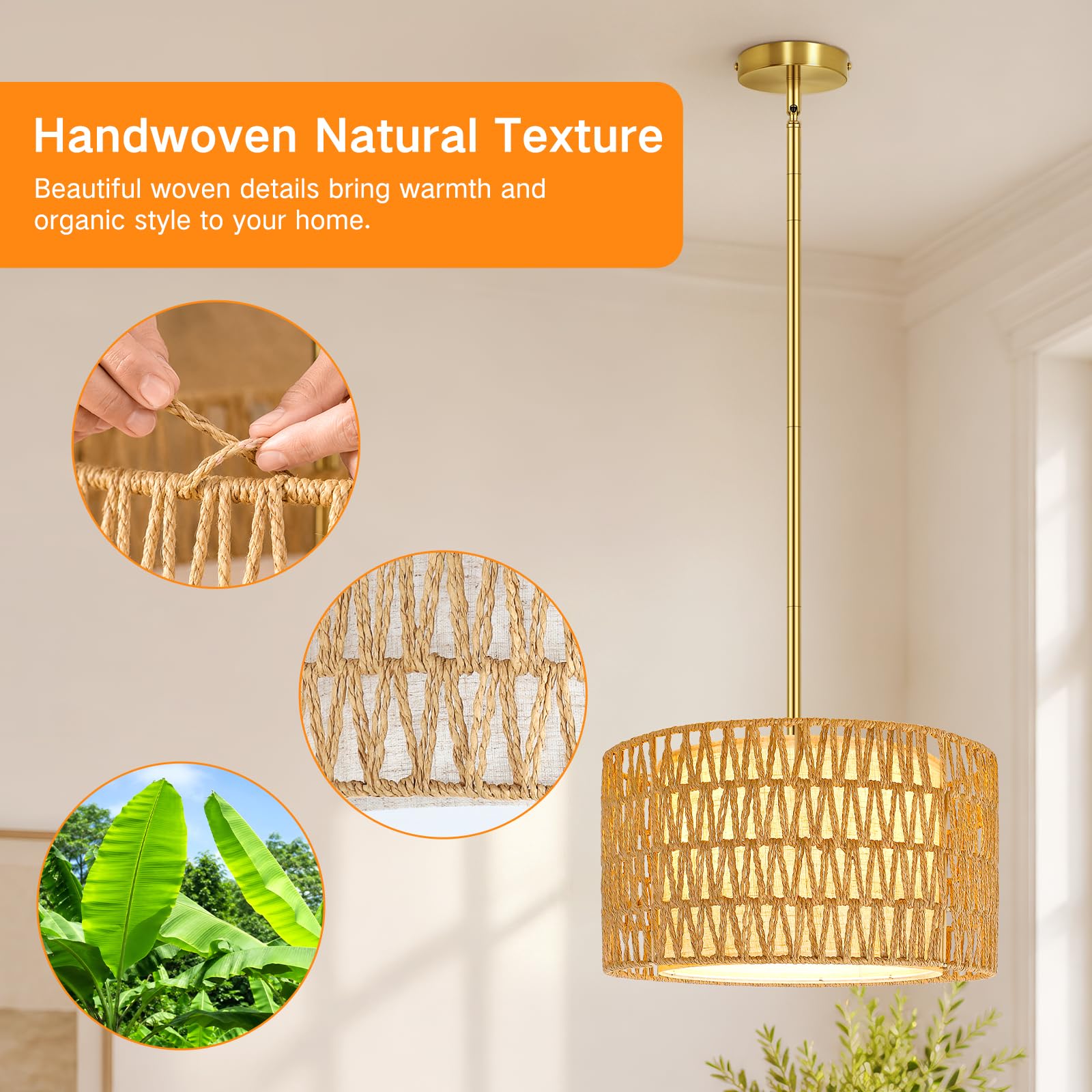 OUTON Lámpara colgante de ratán 3 luces, pantalla de lino, dorada, E27 | Ratán tejido a mano, doble pantalla desmontable, altura regulable hasta 149,9 cm, para techos planos e inclinados