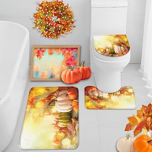 Miniatura 8 de Arttown Juego de 3 alfombras y tapetes de baño con diseño de calabazas otoñales, antideslizantes, de madera de color naranja otoñal,