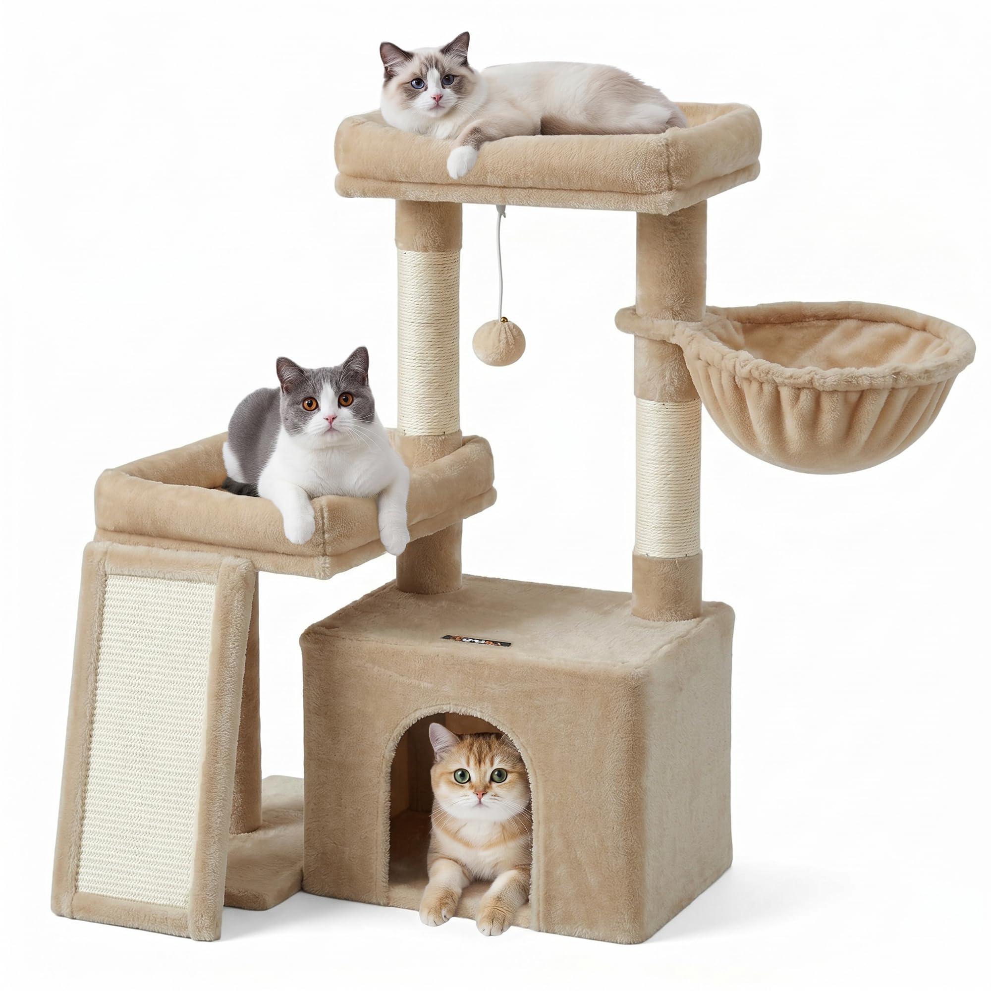 Feandrea Albero per Gatti, Tiragraffi in Sisal e Peluche, 60 x 40 x 86 cm | Ideale per Più Gatti, con Cucce e Cesta, per Gatti Piccoli e Anziani, Marrone Cammello, Collezione CLAWFY PCT013K101
