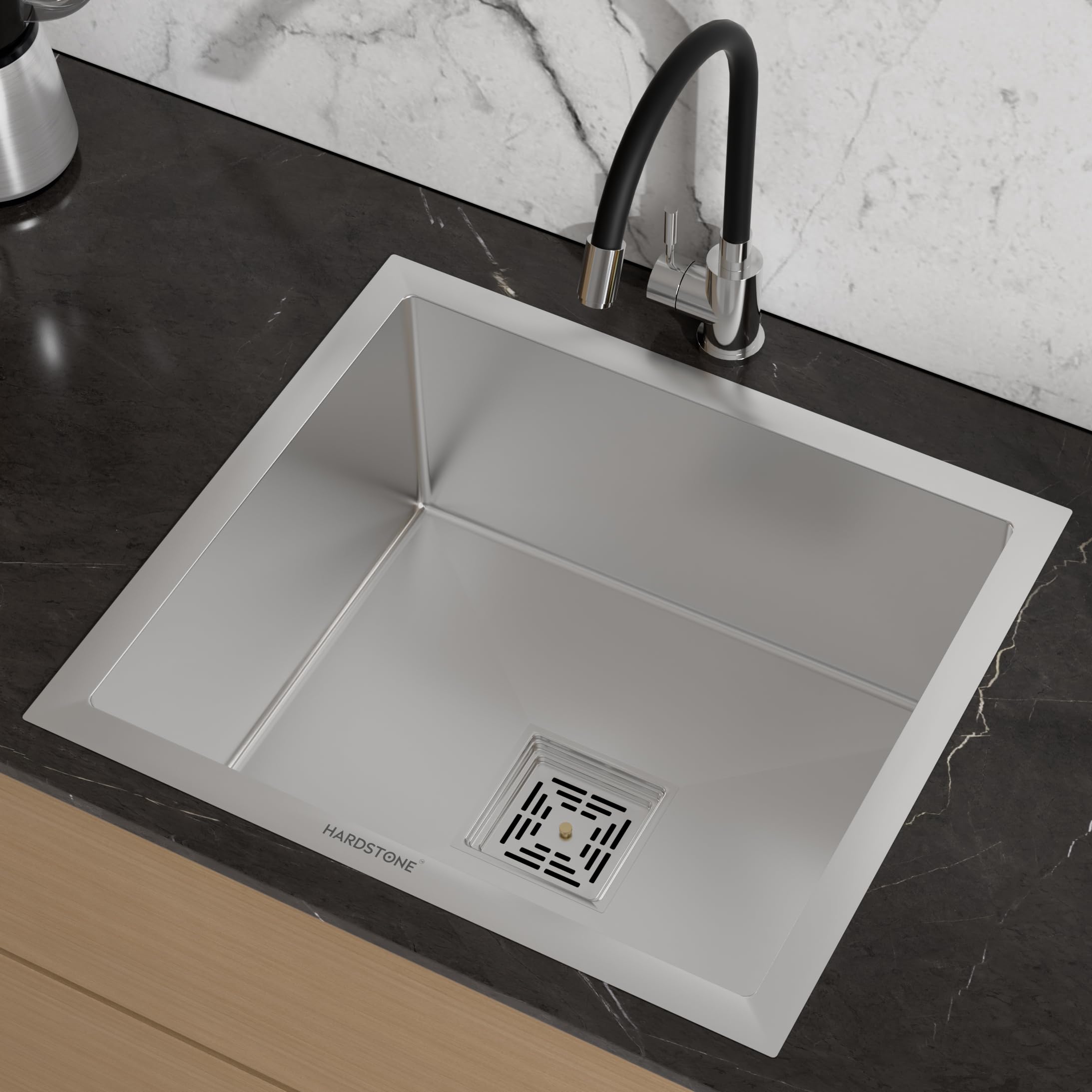 HARDSTONE Premium 18x16x9 Inch Handcrafted Single Bowl Kitchen Sink | 1mm Thick Stainless Steel | Matte Finish | Includes Vegetable Basket, Waste Pipe & Coupling | Rust Proof | Silver