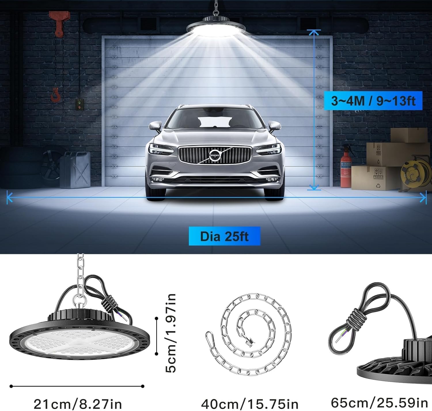 UFO Projecteur LED Industriel 100W 15000LM, 6500K Blanc Froid UFO Lampe Atelier High Bay Lumière, IP65 Étanche Projecteur LED Plafonniers pour Stade Garage Usine Atelier Gymnase