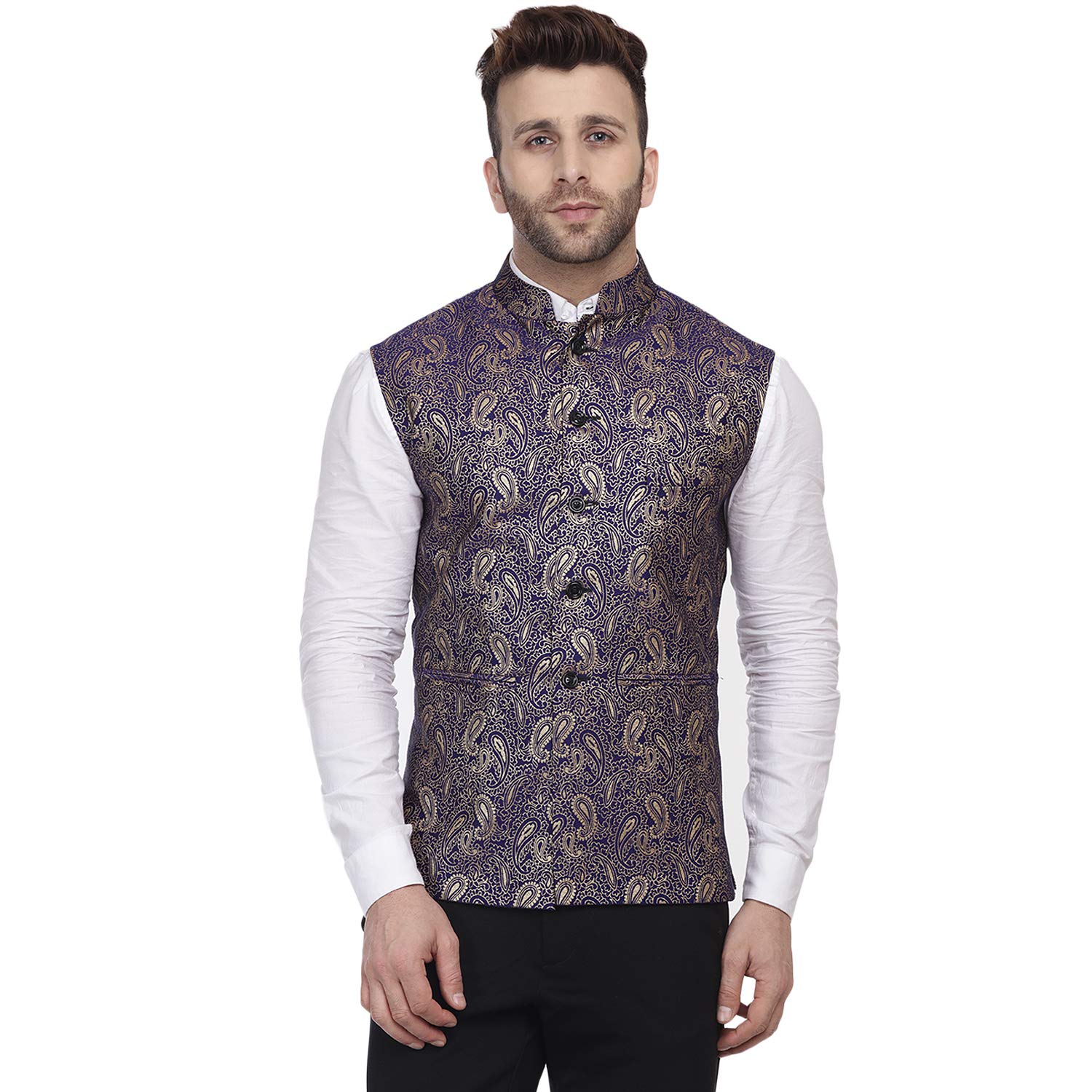 Veera ParidhaanBanarasi Jacquard Print Blue Nehru Jacket