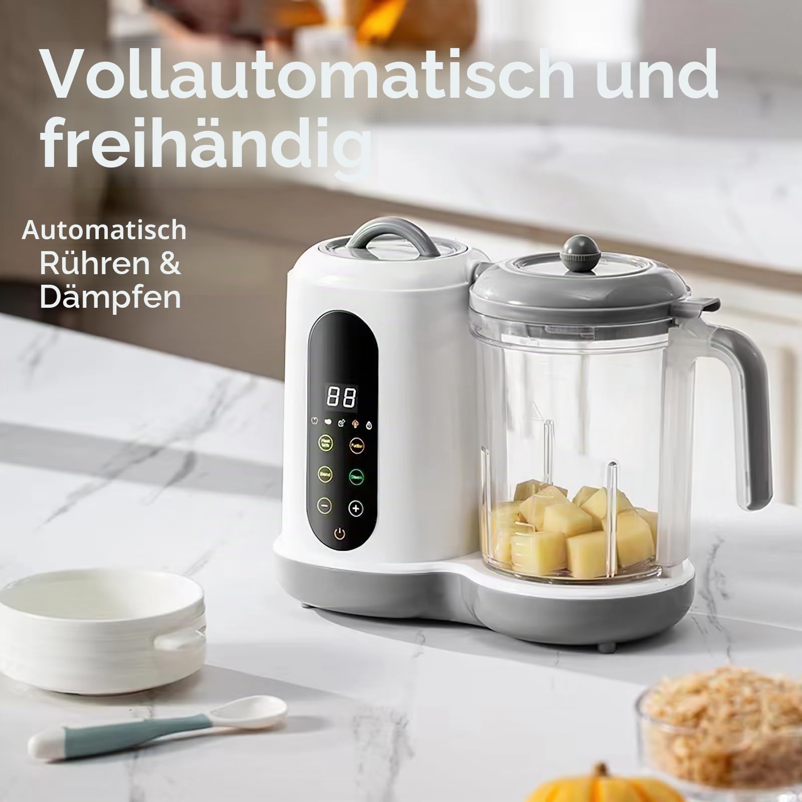Küchenmaschine für Babys, Dampfgarer, Mixer, Babynahrungszubereiter 400ml,Babybrei Zubereiter, Baby-Mixer, Automatische Reinigung, Touchscreen, Zum Mixen und Aufwärmen von Lebensmitteln für Babys