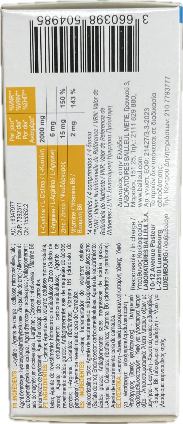 Bailleul Cystiphane Fort Suplemento dietético Cabello & Uñas Fuerza y Vitalidad Resistencia del Cabello - Juego de 2 cajas de 120 comprimidos