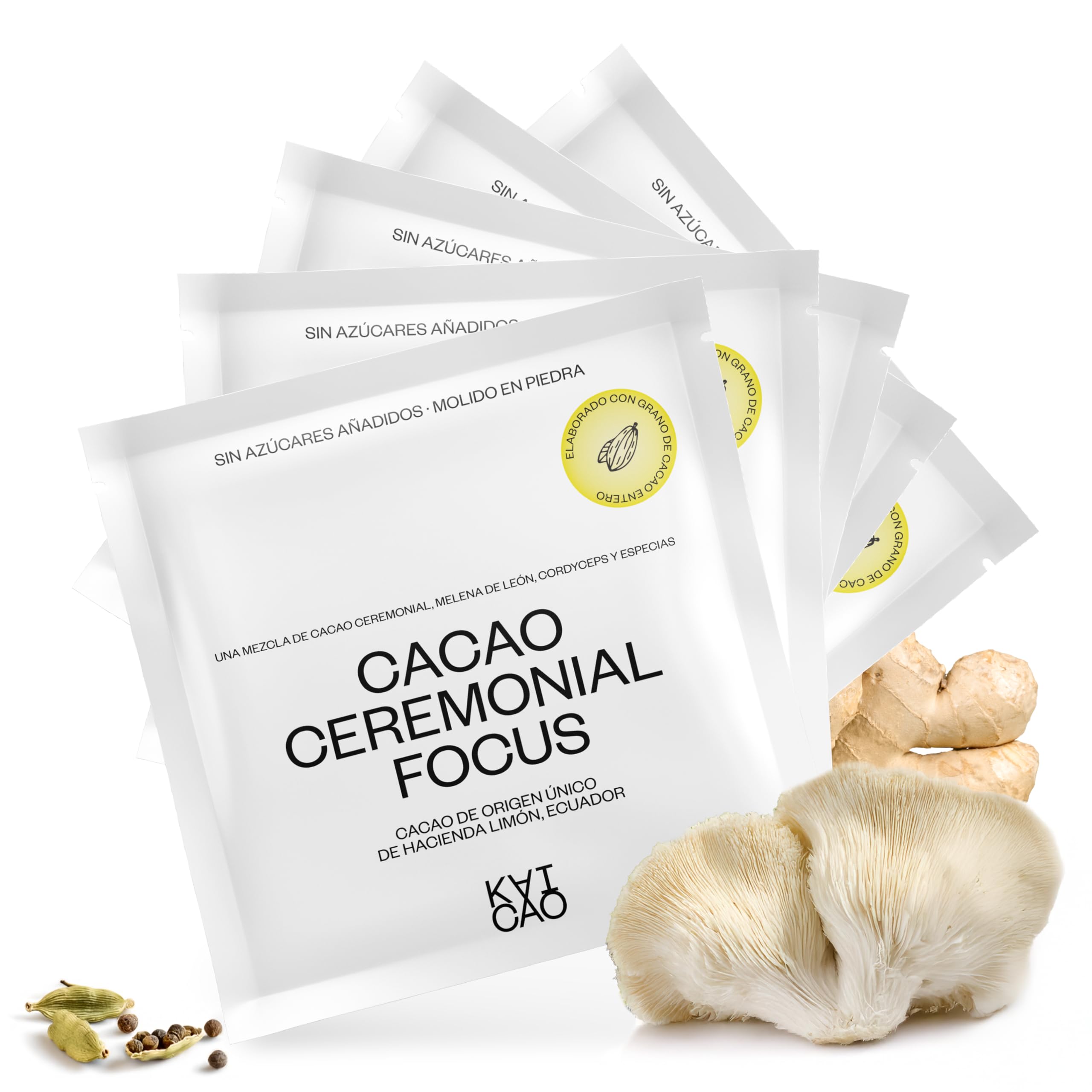 Kaicao Cacao Ceremonial Focus con Melena de León, Cordyceps, Jengibre y Cardomomo - Cacao Puro Triturado en Polvo, Origen Ecuador – sin Azúcar, Vegano, sin Gluten, Dieta Keto - 5 x 20gr
