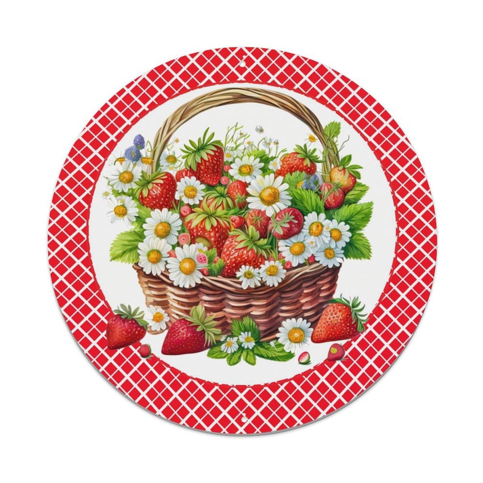 Strawberry Basket With Flowers And Leaves Retro Metal Sign Round Tin Sign, Vintage Decor Art Poster for Bar, Home, Man Cave, Kitchen, Laundry Room Gift 8x8Inch