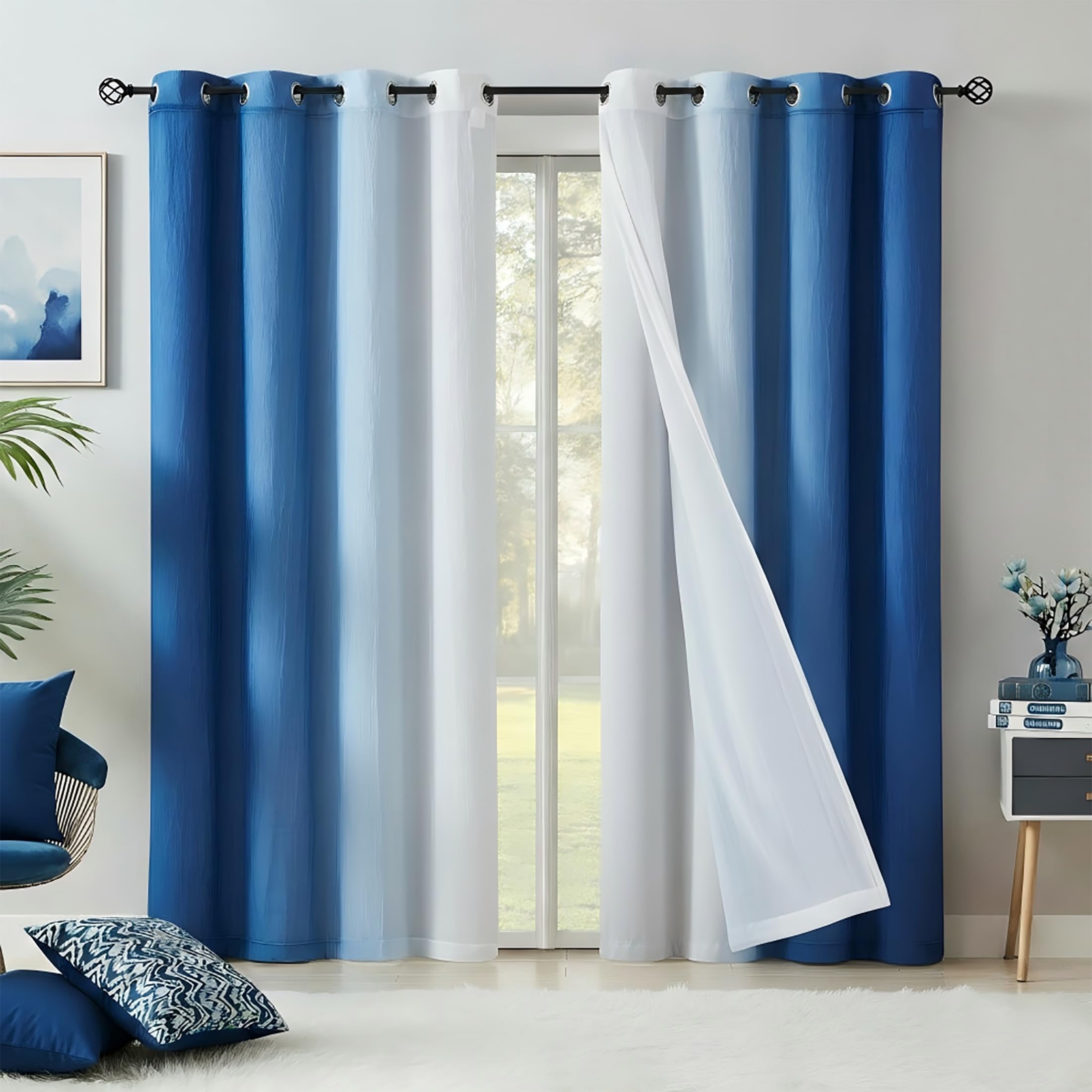 Blue 90% Blackout Curtains with Ombre Sheers Overlay Mix and Match Double Layer Thermal Insulated Window Panels 63 Inch Length for Living Room Bedroom