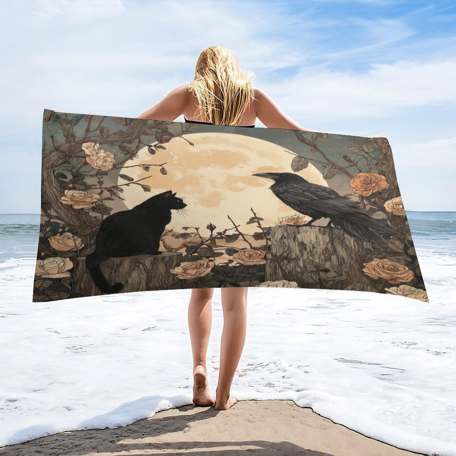 Luyysky Vintage Retro Black Cat Quick-Drying Beach Towel, Gothic Watercolor Halloween Full Moon Animal Crow Rose Flowers Travel Vacation Single Sided Pile Bathroom Towels-80 W Cm X 160" L Cm