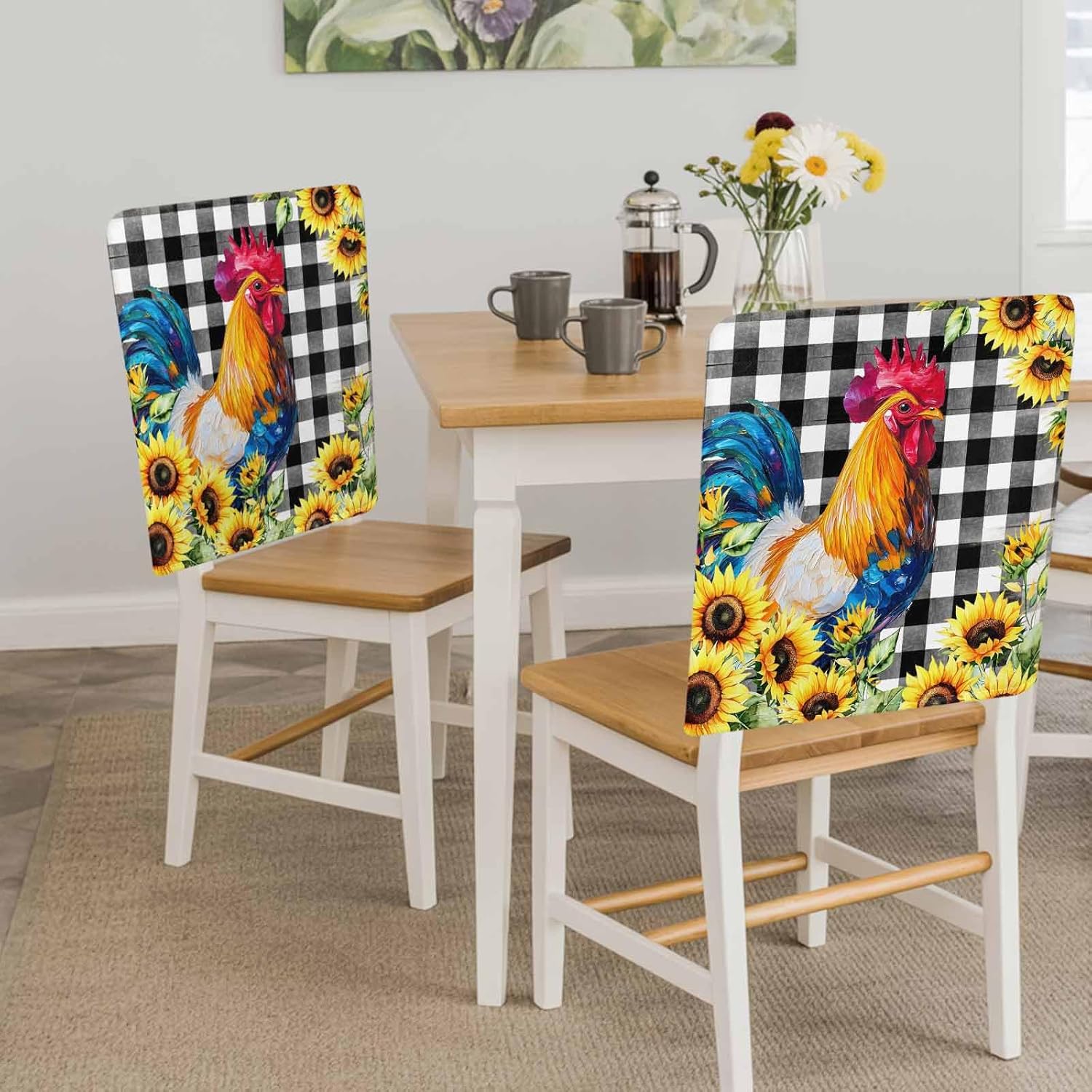 4 Pack Chair Back Covers, Watercolor Rustic Rooster Sunflower Dining Room Chair Cover Washable Chair Slipcover Back Chair Protector for Holiday Party Kitchen Home Black White Buffalo Check