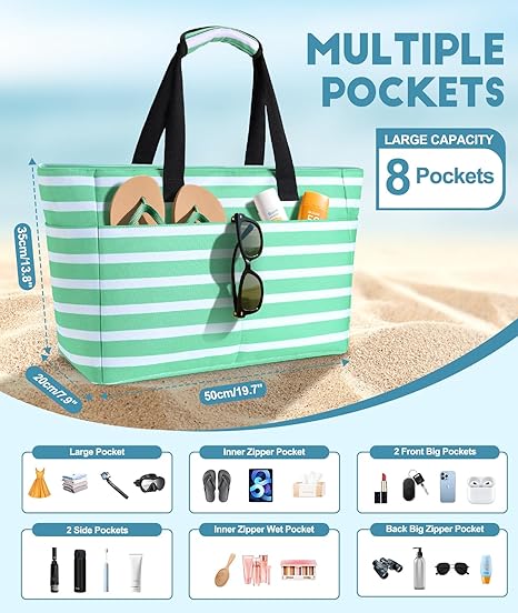 ISEYOU Strandtas, XXL, grote strandtassen voor dames, met afneembare koeltas, meerdere zakken, opvouwbaar, waterdicht, strandtas met ritssluiting, voor zwembad, reizen, winkelen, picknick