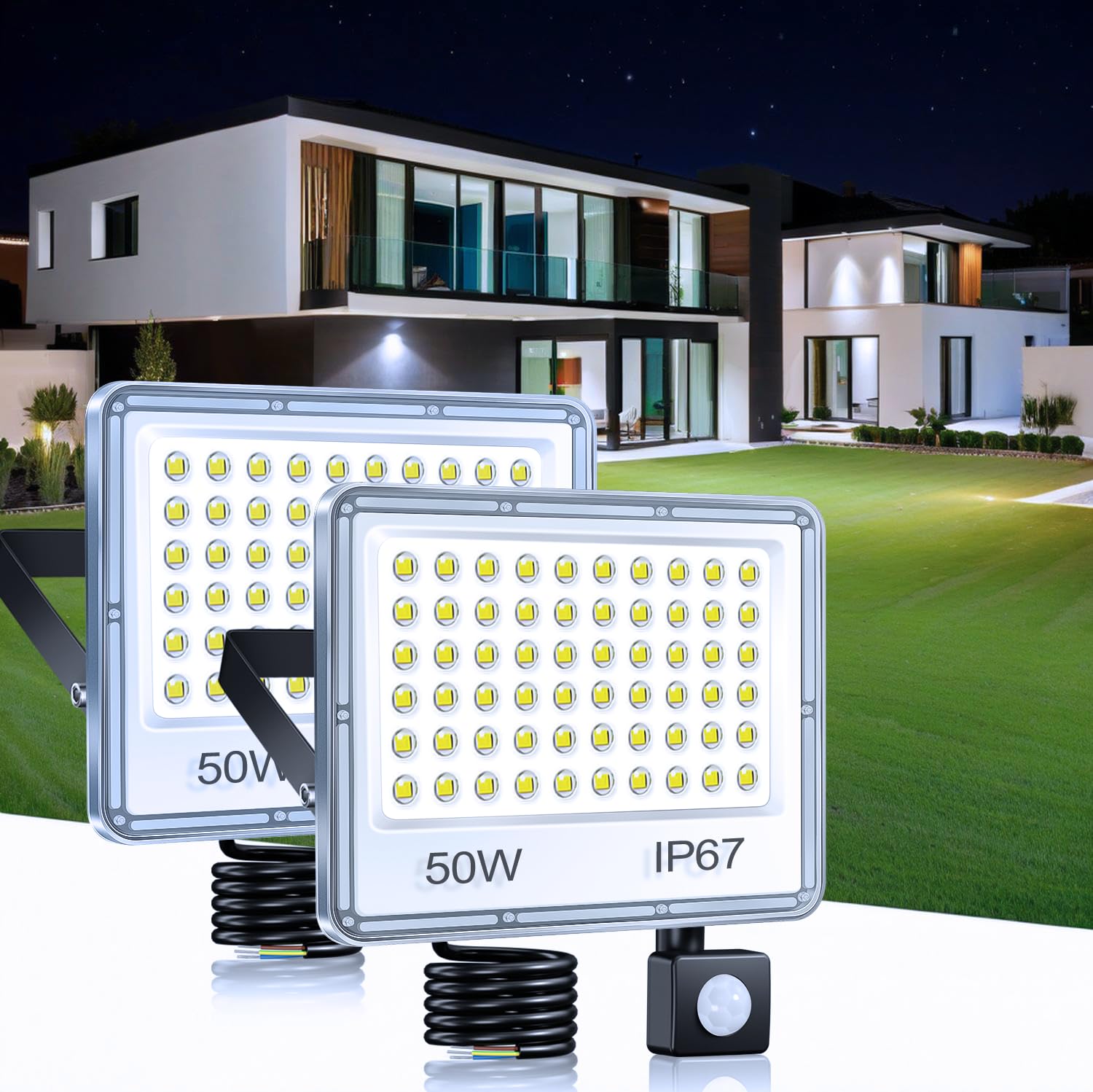 LED Strahler mit Bewegungsmelder Außen 50W 5000LM Außenleuchte, 2PC