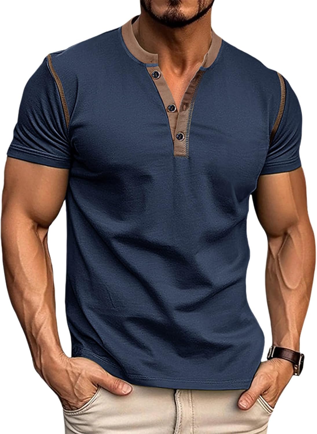 Men's Muscle Henley Shirt Short Sleeve Button Crewneck Lightweight Athletic Gym Workout Slim Fit Button Down Tee