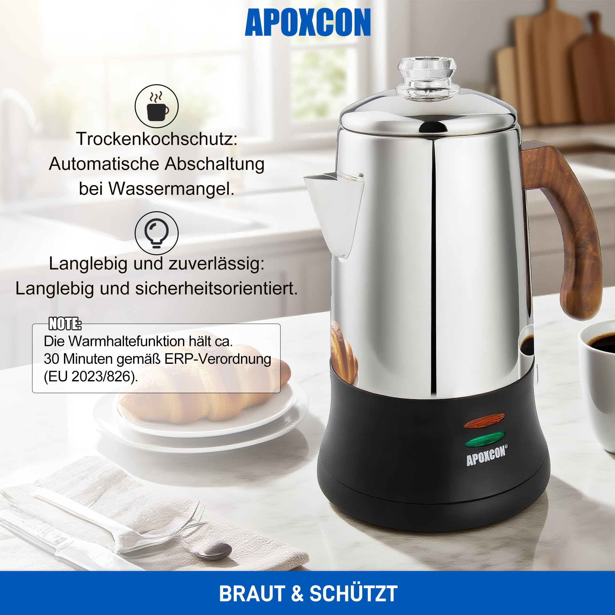 APOXCON Edelstahl 18/8 (SS304) Kaffeemaschine Elektrischer Perkolator, Kordlos mit Schauglas für Haushalt Hotel Geschenkbox (6 Tassen)