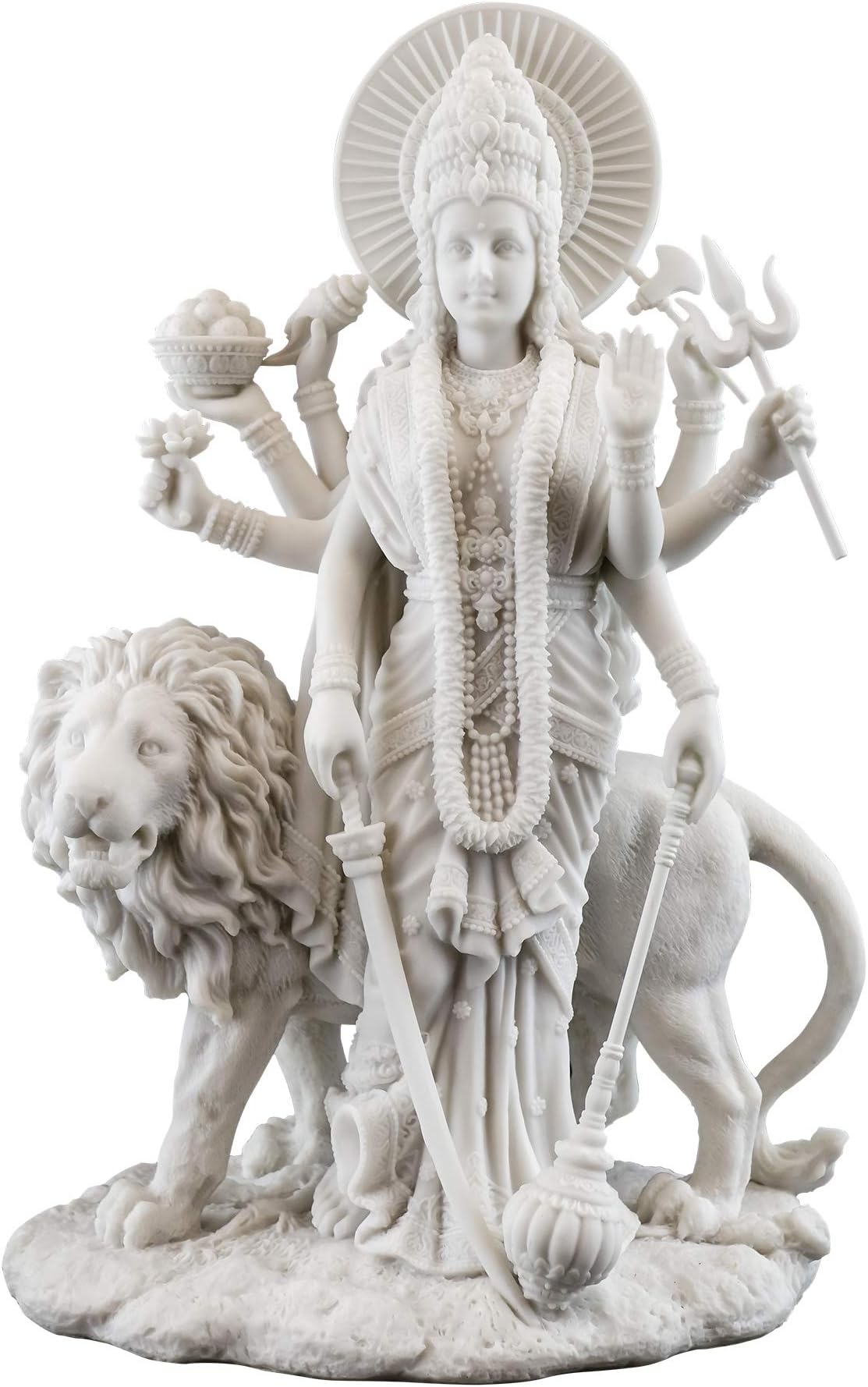 Top Collection Durga Female Hindu Statue with Lion- Divine Mother of The Universe Goddess Sculpture - Collectible East Asian Age Figurine (White Marble)