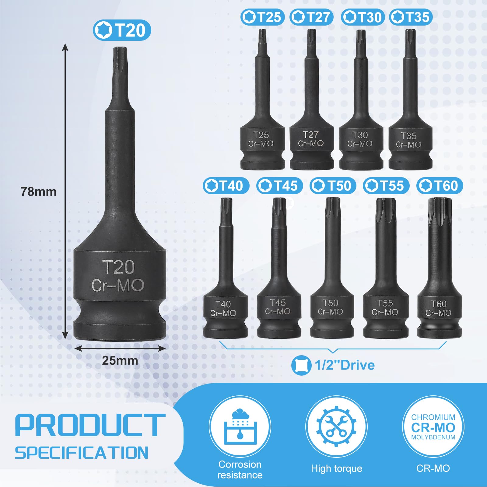 EFUTURETIME 10 Piezas Juego de Llaves de Vaso Torx 1/2", T20, T25, T27, T30, T35, T40, T45, T50, T55, T60, con Caja, CR-MO
