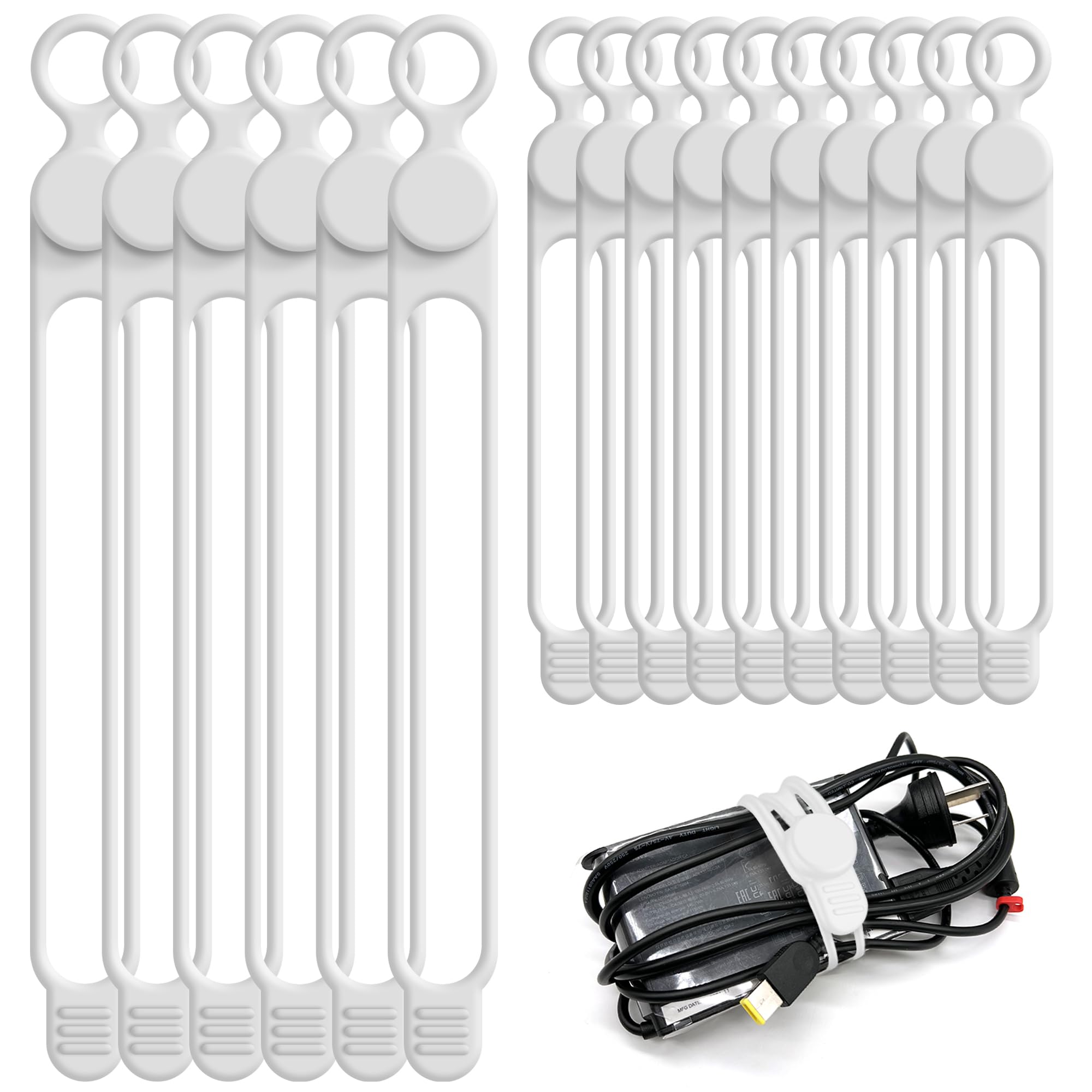 Attaches de câbles en silicone réutilisables : lot de 16 organisateurs de 11 et 18 cm