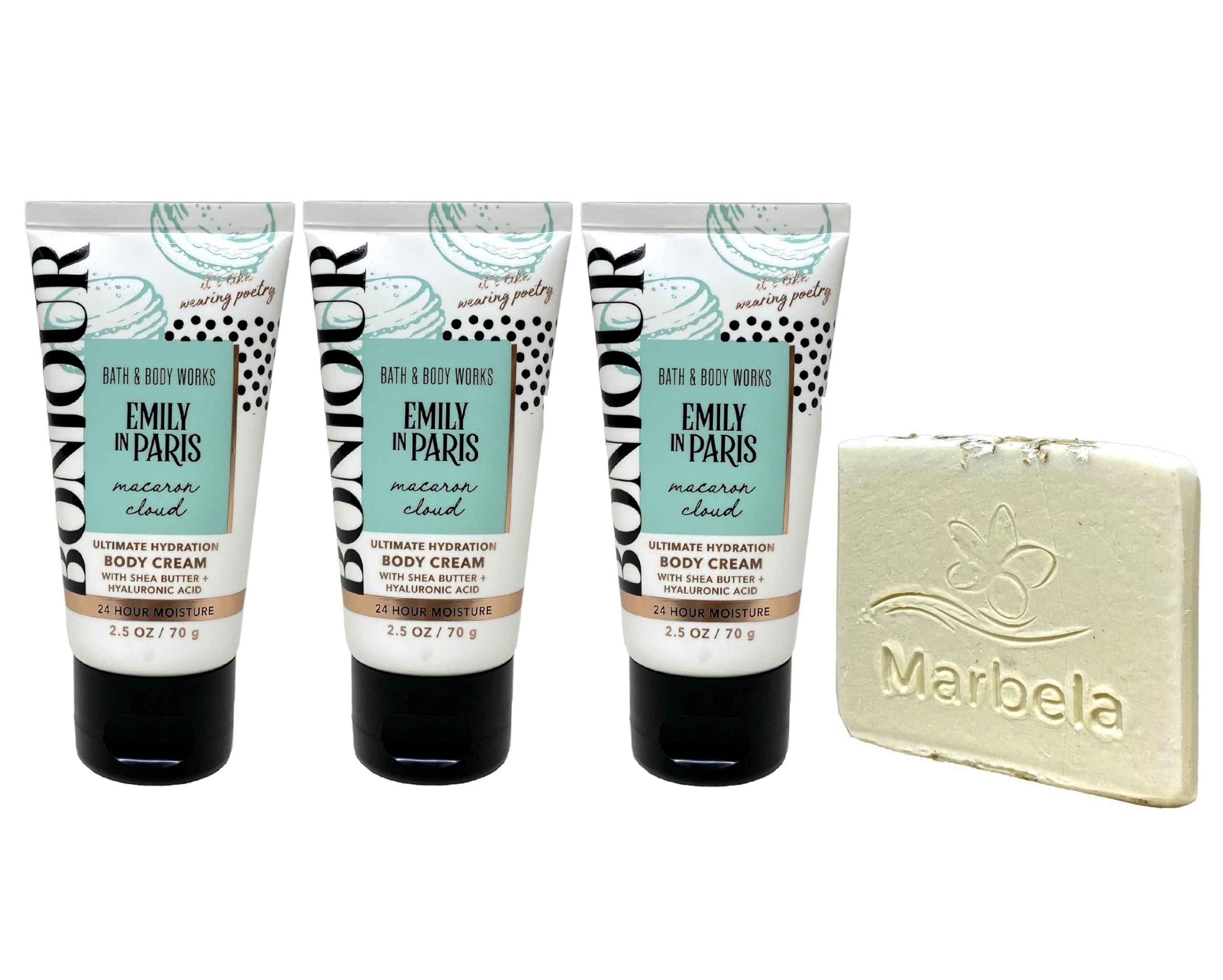 Bath & Body Works Emily In Paris Macaron Cloud 3 Pack Body Cream Bundle with a Natural Oats Sample Soap - Travel Size