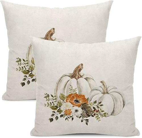 Juego de 2 fundas de almohada de otoño de 18 x 18 pulgadas, fundas de almohada decorativas de otoño con hojas de calabaza y flores de otoño para