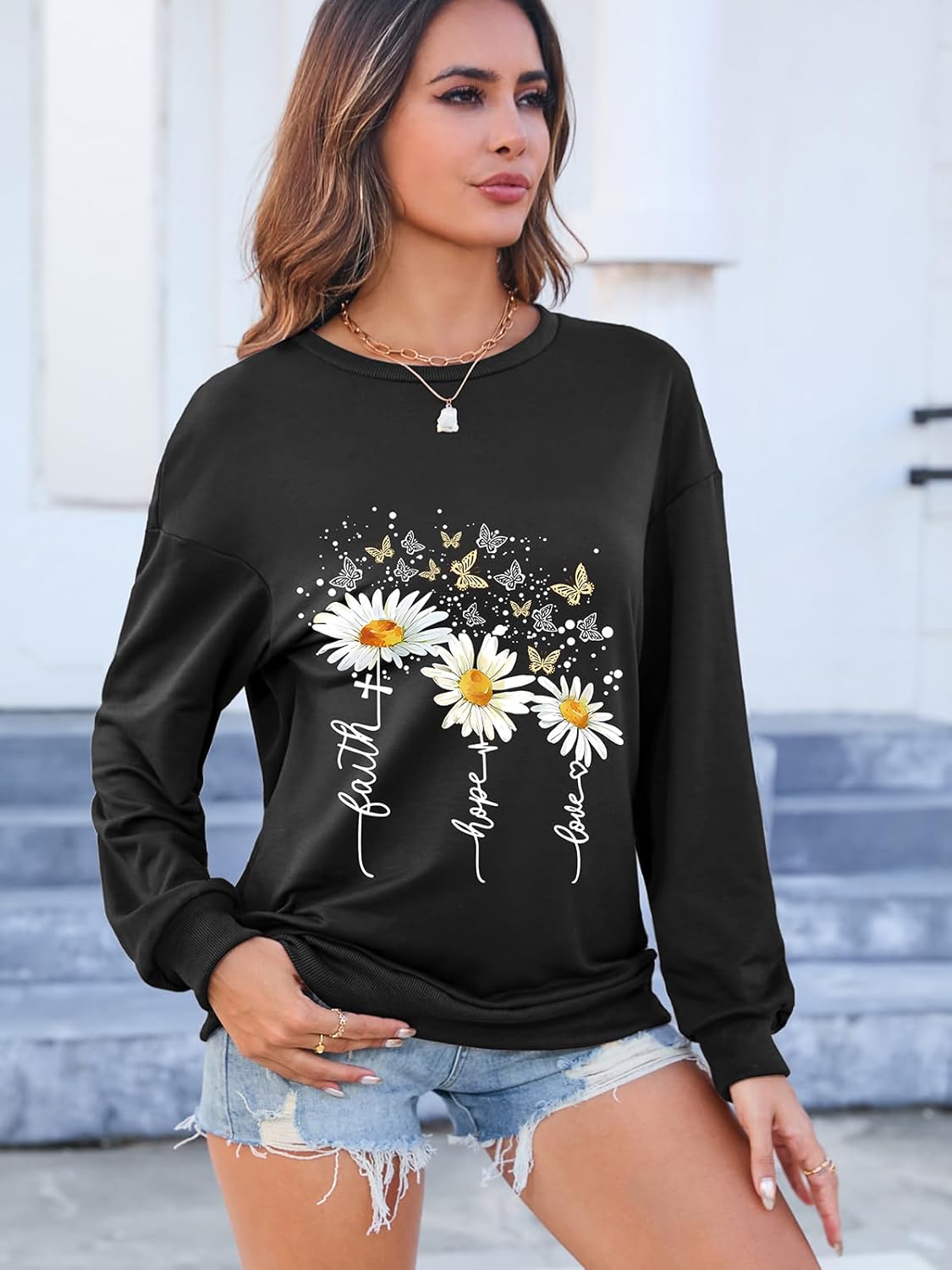 Women’s Christian Sweatshirts,Faith Hope Love Daisy Print Crewneck Long Sleeve Casual Loose Fit Sweatshirt - Image 4