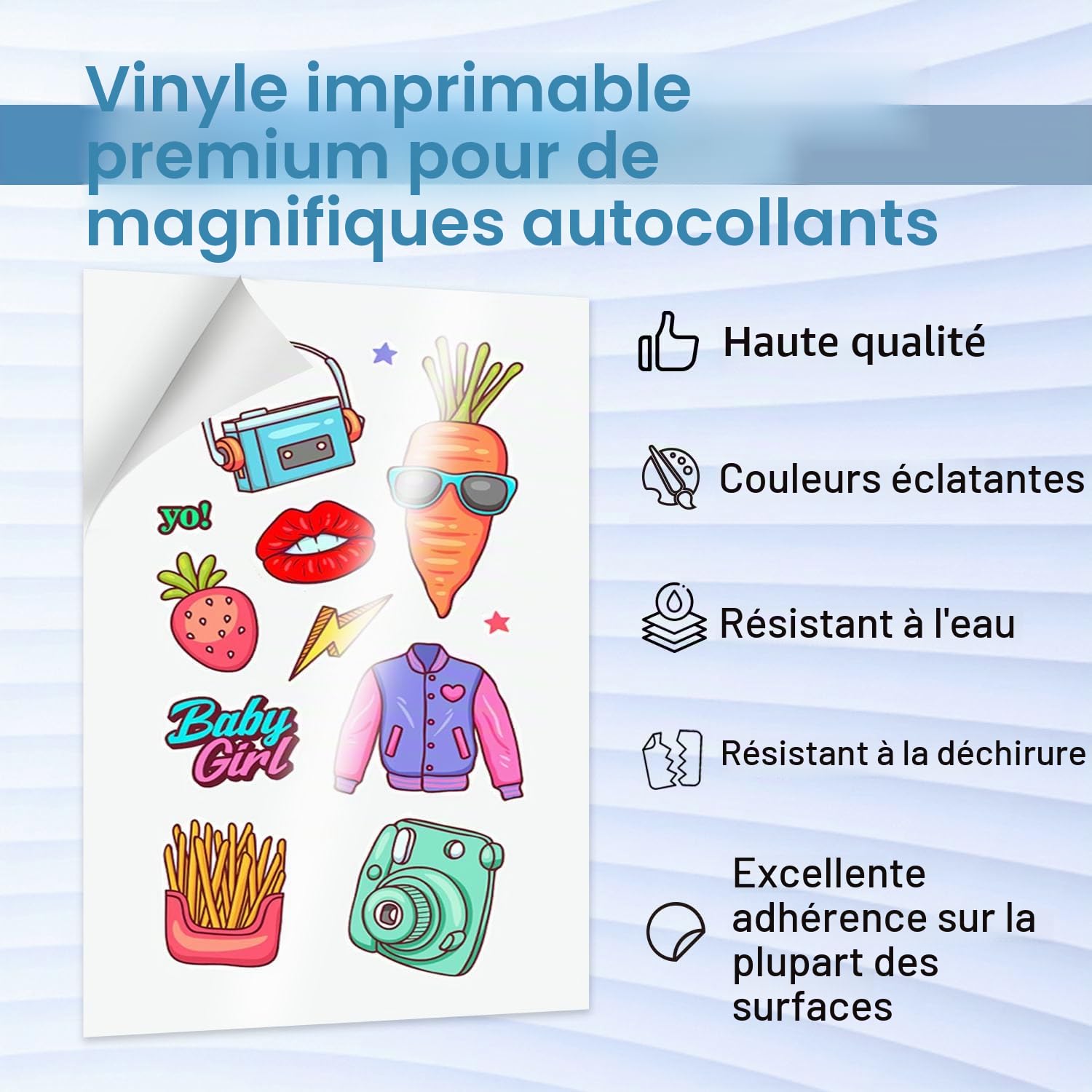 A-SUB Papier autocollant en vinyle imprimable imperméable de qualité supérieure blanc brillant, étiquettes autocollantes en vinyle pour imprimantes à jet d'encre, format A4, 100 feuilles