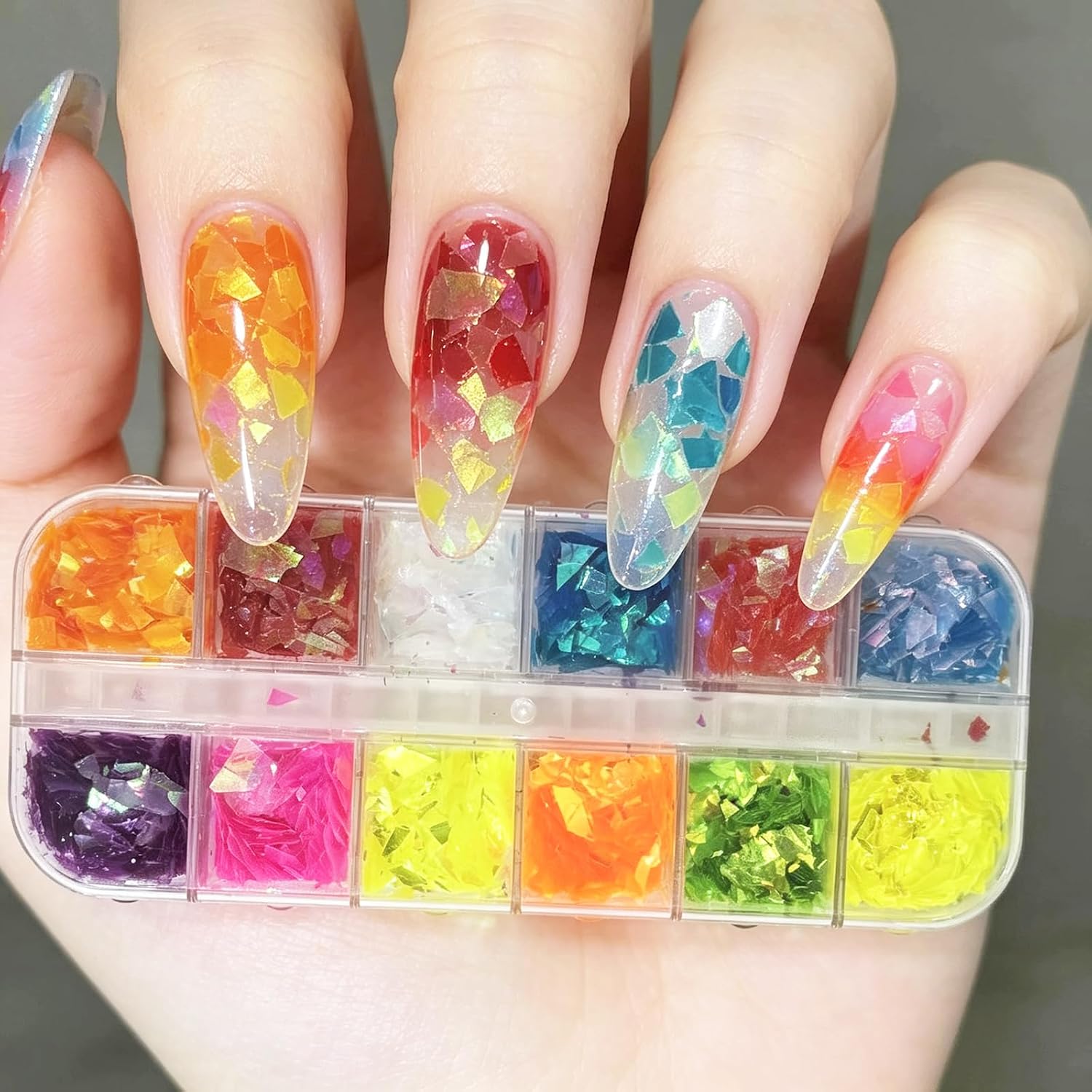 12 Colors Holographic Nail Art Glitter Sequins Set, Iridescent Mermaid Flakes Irregular Shiny Fingernail Glitters, 3D Fluorescent Chameleon Nail Confetti DIY Manicure Decorations for Women