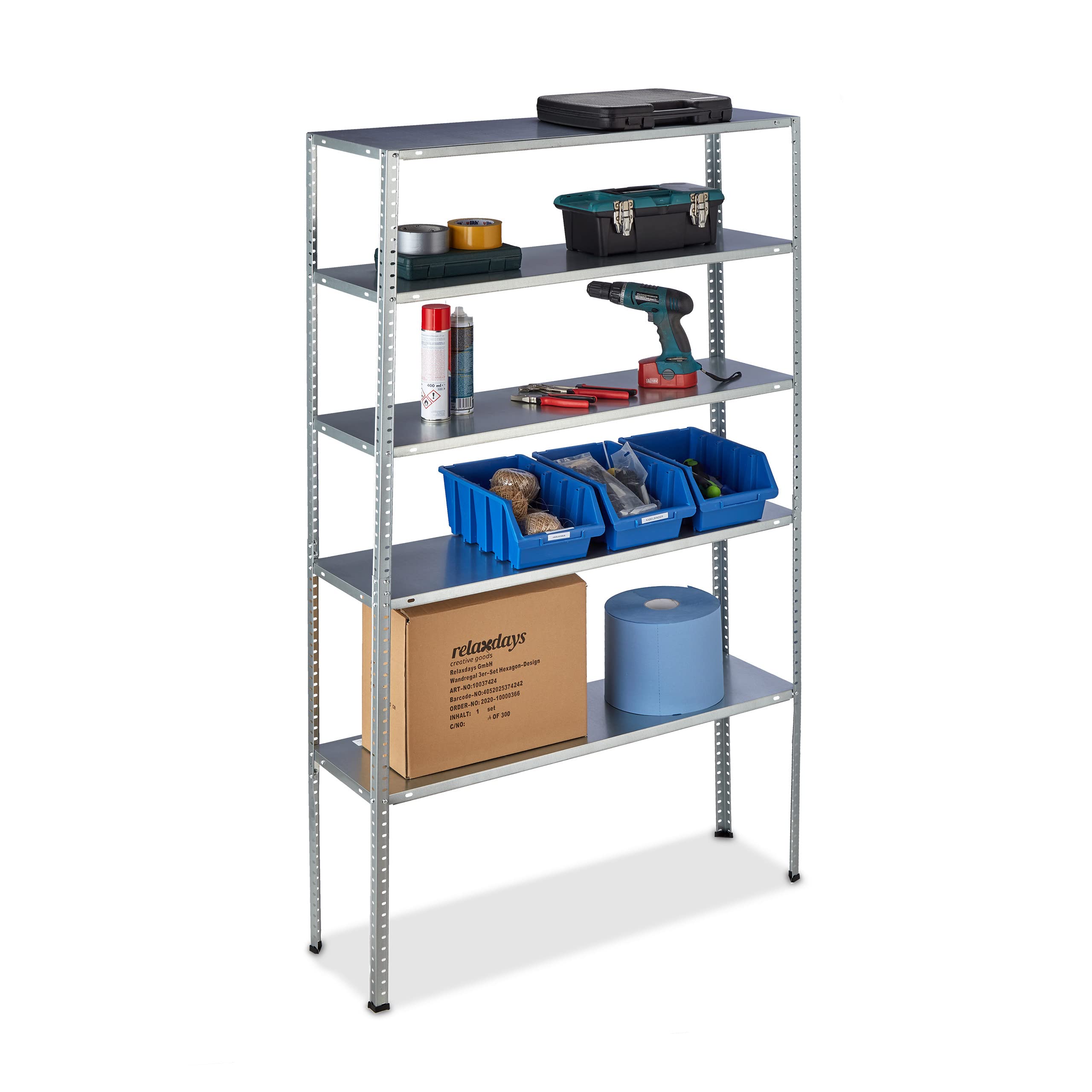 Relaxdays 2 x Heavy Duty Shelving Unit, Max. Load 250 kg, 5 Shelves, 185x100x30 cm, Garage Storage, Galvanised Steel, Silver