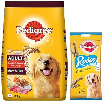 Pedigree Adult Dry Dog Food- Meat & Rice, 1.2kg Pack & Pedigree Rodeo Duos Adult Dog Treat, Chicken & Bacon - 123 g Pack (7 Treats)