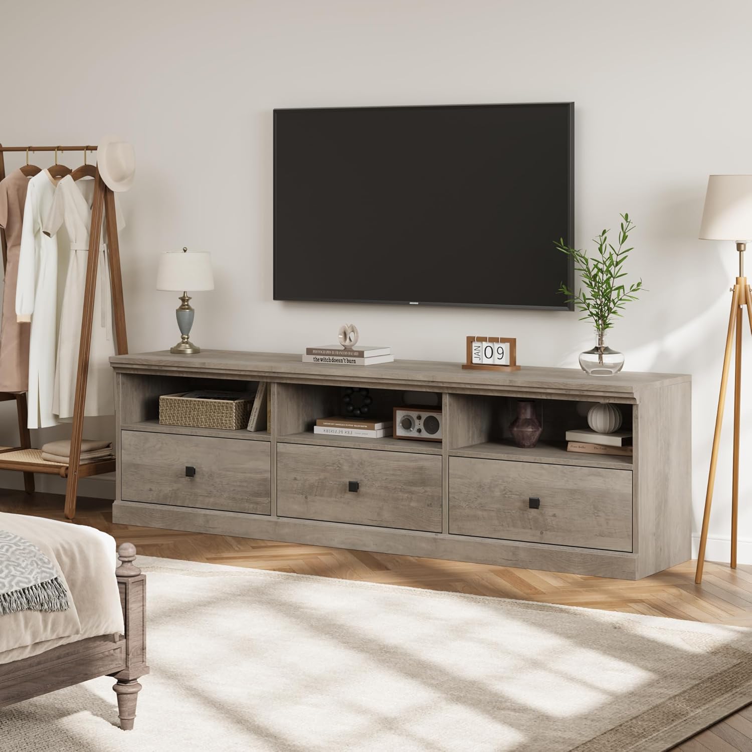 GAOMON 70 Inch Modern TV Stand for TVs Up to 80", Mid Century Entertainment Center with Storage Drawer and Open Shelves, TV Console for Living Room, Bedroom (Vintage Gray)