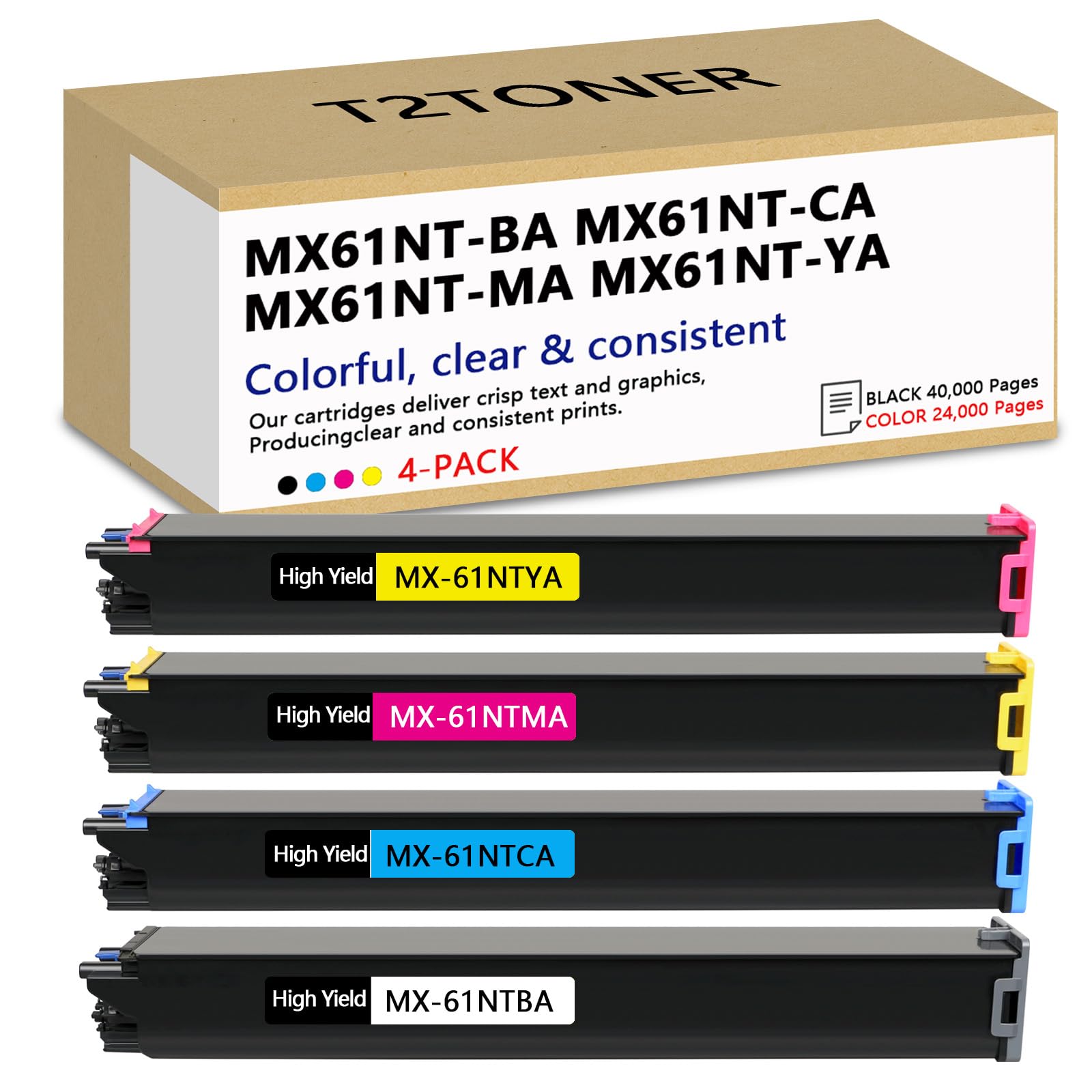 MX61NT MX-61NT Toner Cartridge (4-Pack) Compatible for Sharp MX3071 | MX3070 MX3070V MX2651 MX3050 MX3051 MX4071 MX6070 MX6071 MX3571S MX2630 Printer, MX-61NTBA MX-61NTCA MX-61NTMA MX-61NTYA